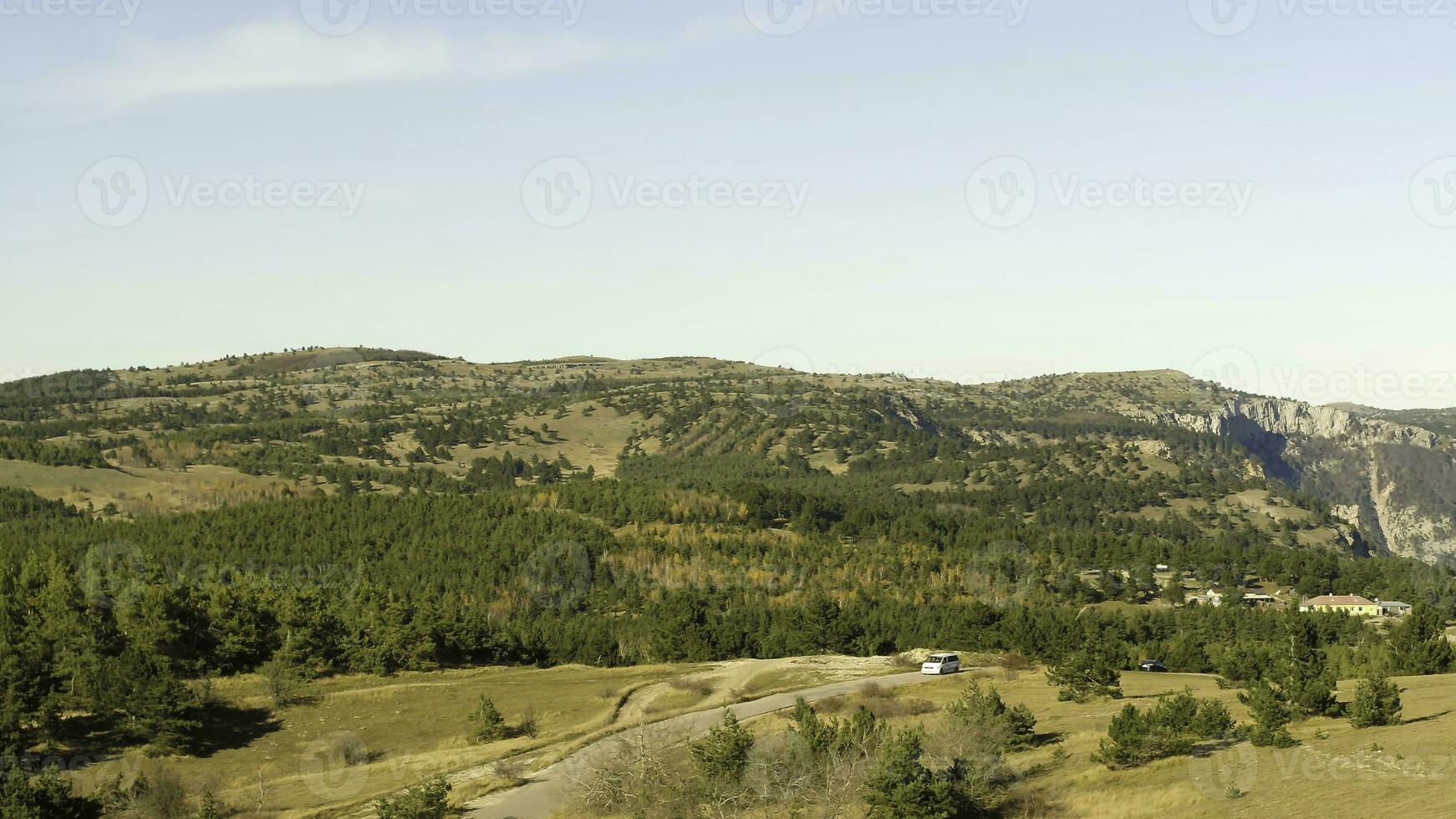 aérien métrage de une voiture équitation sur une route entre vert des champs dans le Soleil ensemble. tir. drone mouches plus de vert collines et route avec voiture vite conduite. aérien Haut vue de pays route. photo