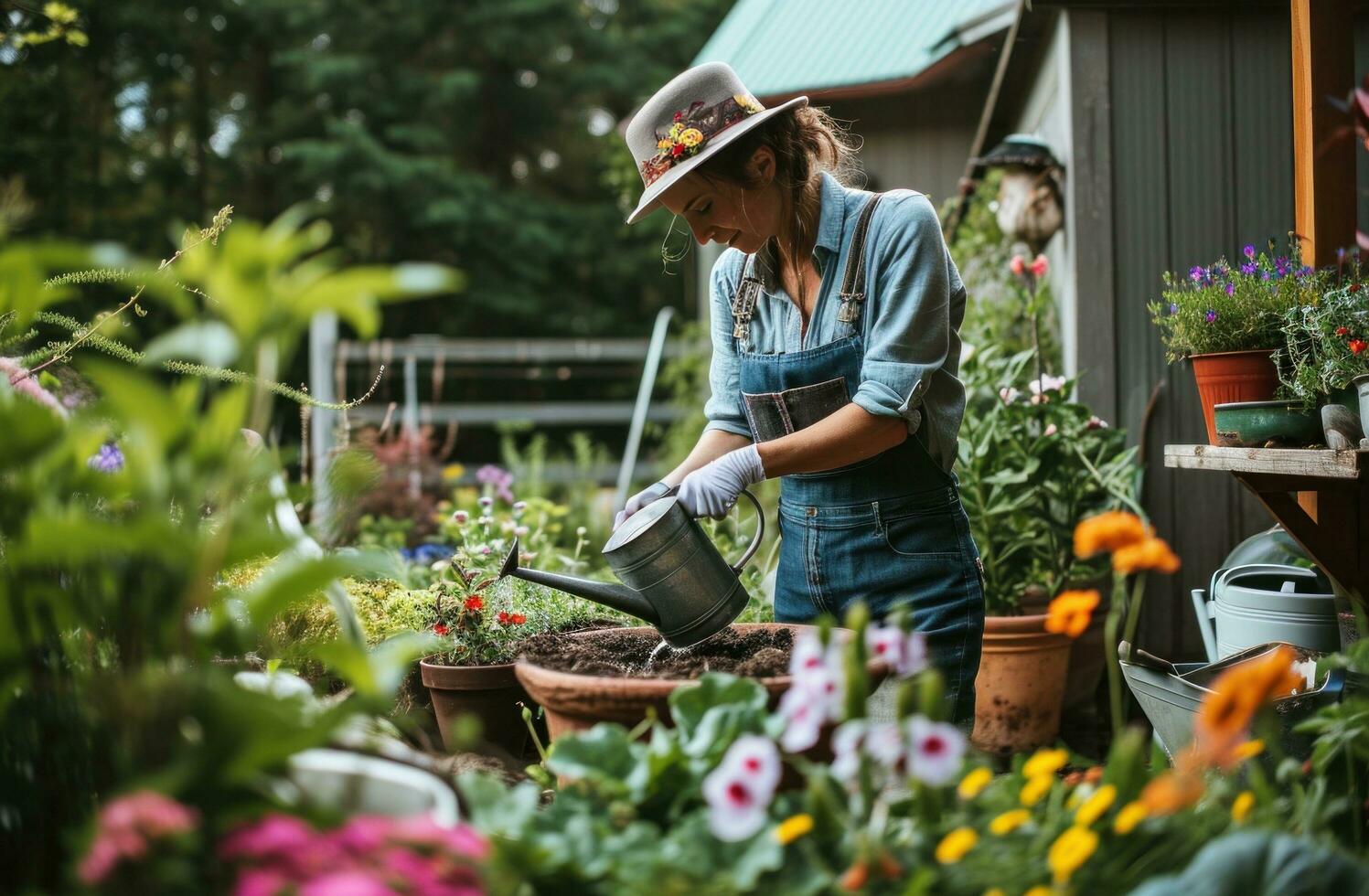 ai généré jardin outils et Extérieur équipement suivant à une chemin photo