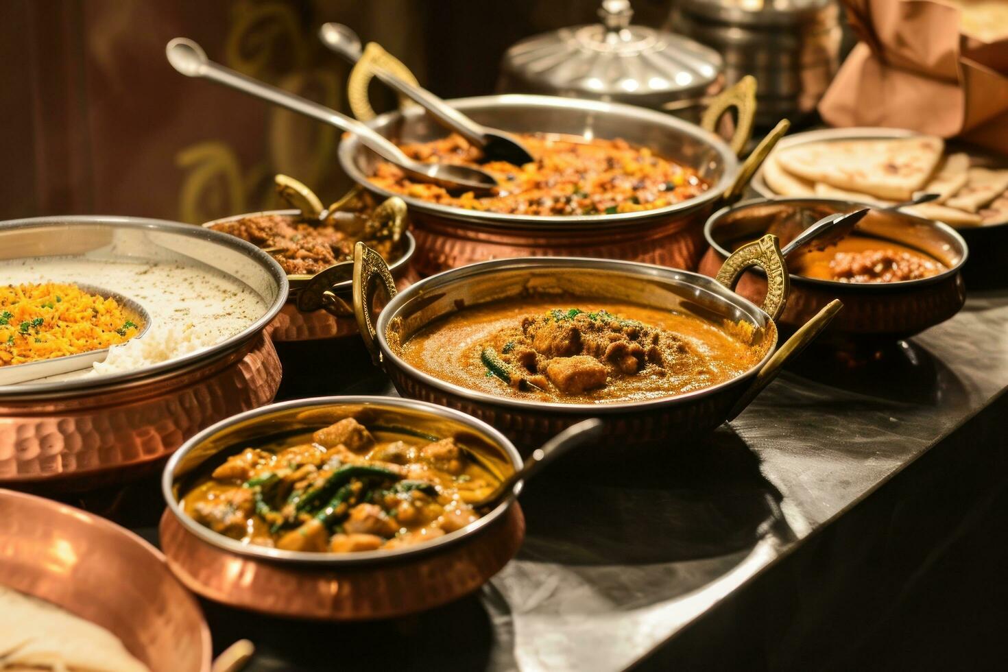 ai généré nombreuses vaisselle de Indien cuisine dans cuivre boules sur en bois photo