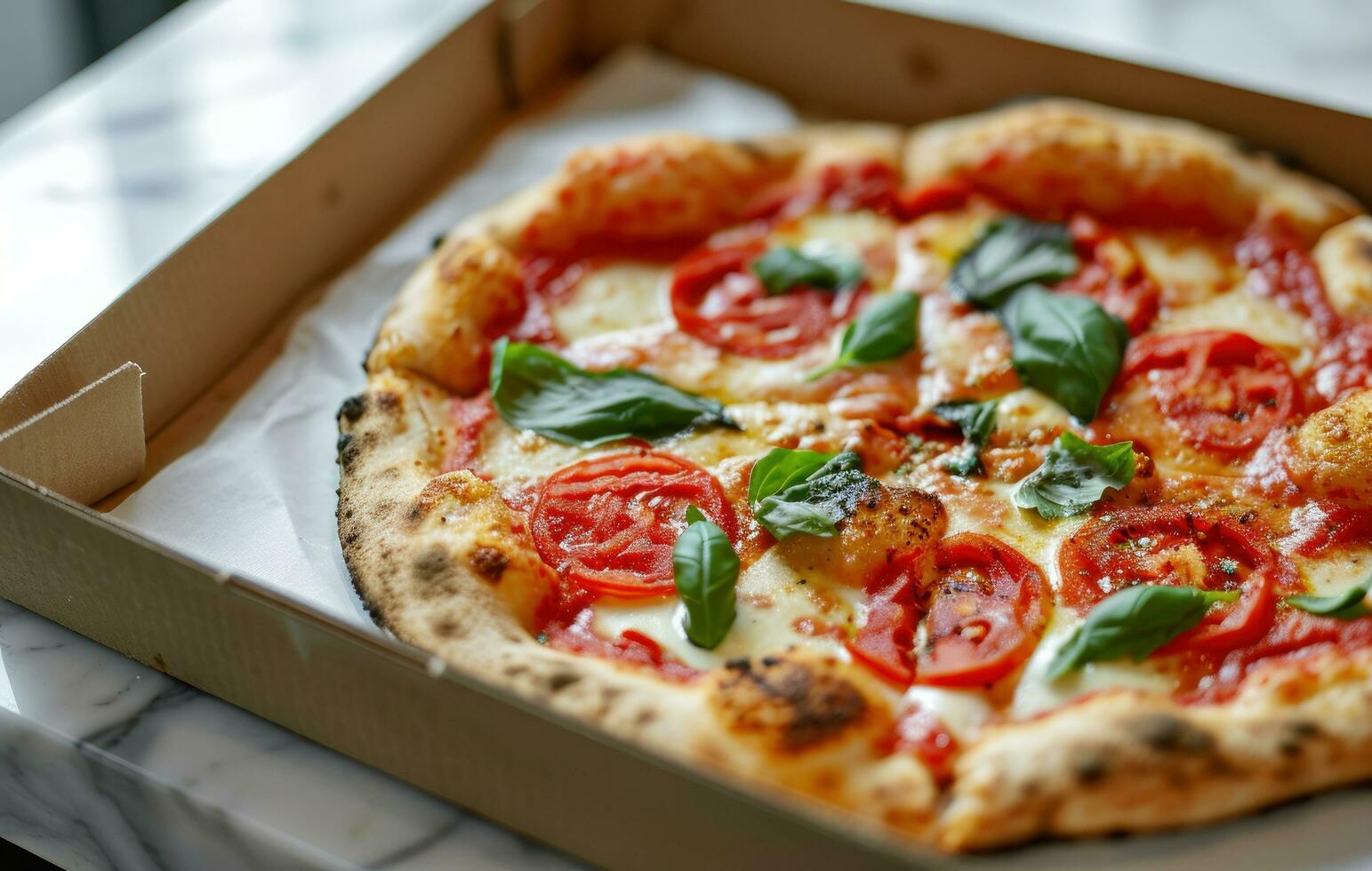 ai généré tomate et fromage Pizza sur une blanc Pizza boîte photo