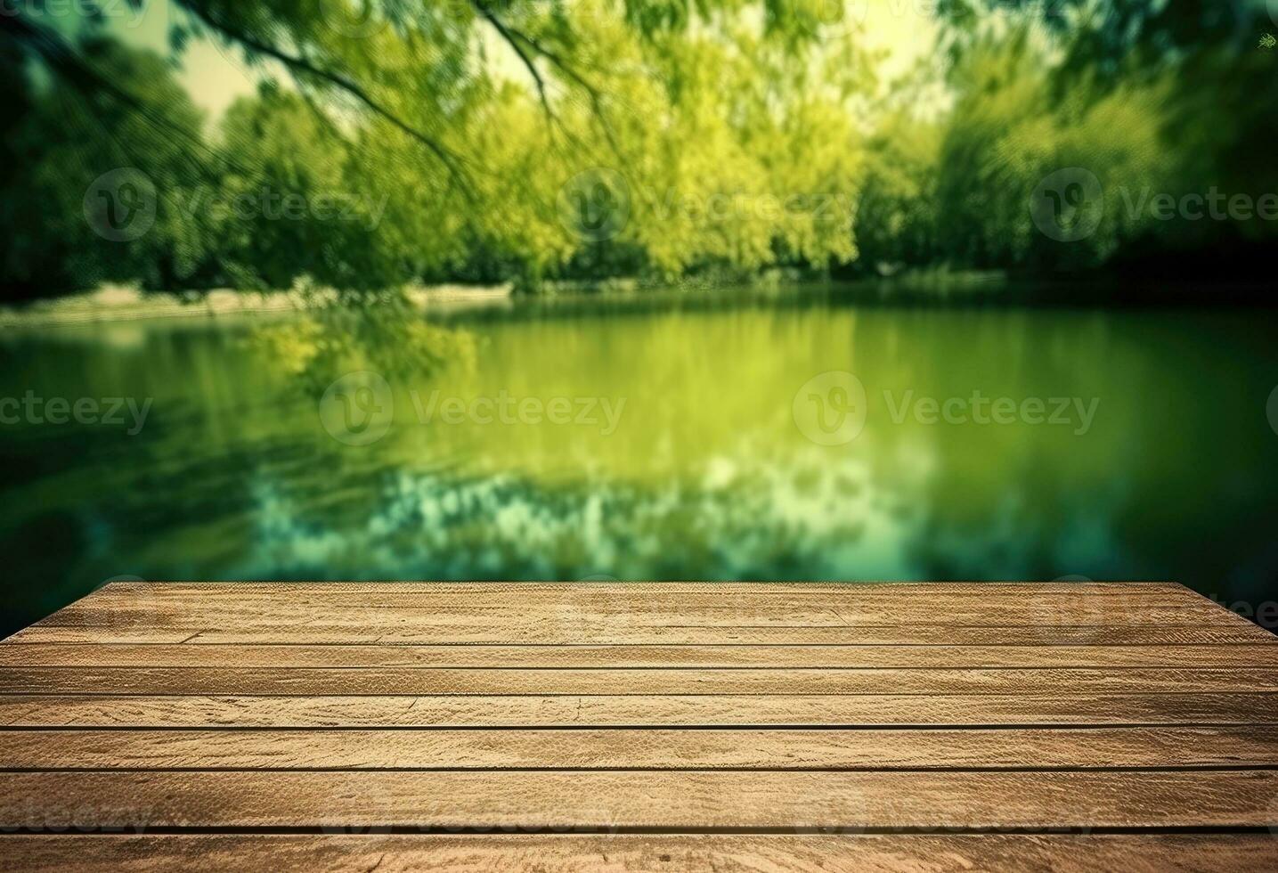 ai généré en bois table Haut avec Naturel vert Contexte de flou Lac photo