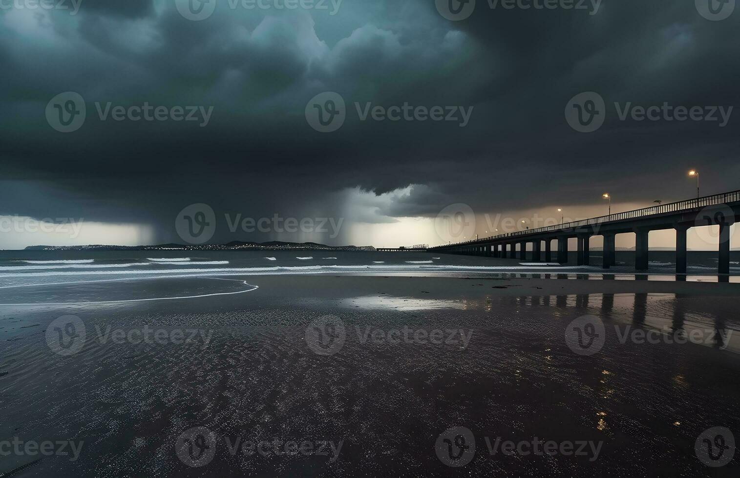 ai généré nuit ville vue et pont dans foncé atmosphère photo