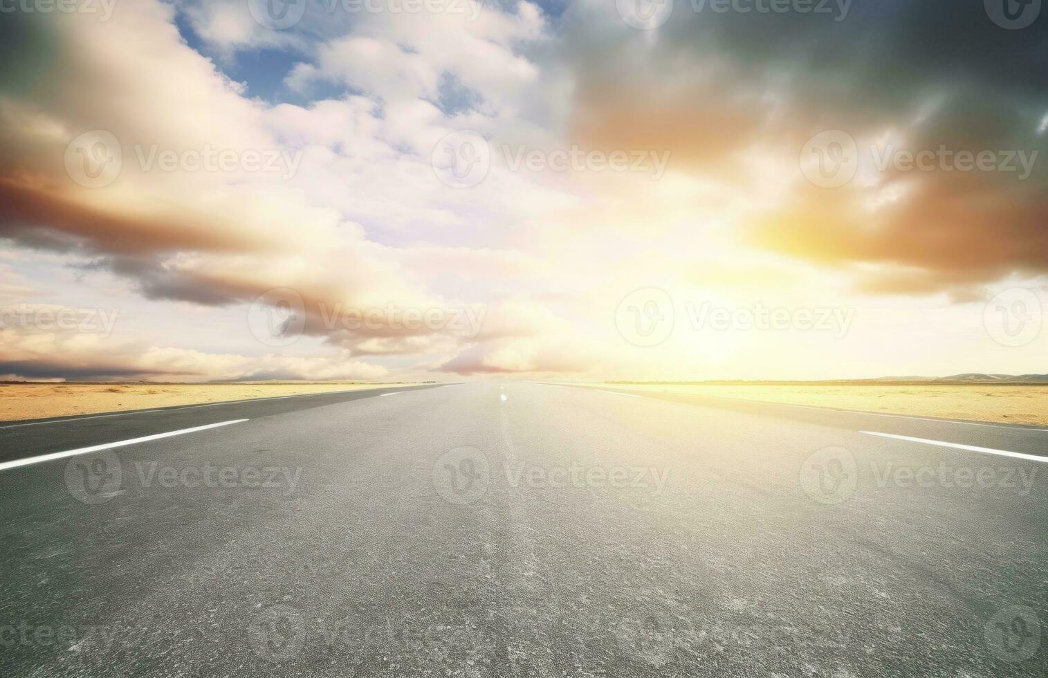 ai généré asphalte Autoroute avec magnifique vue de le coucher du soleil et des nuages photo