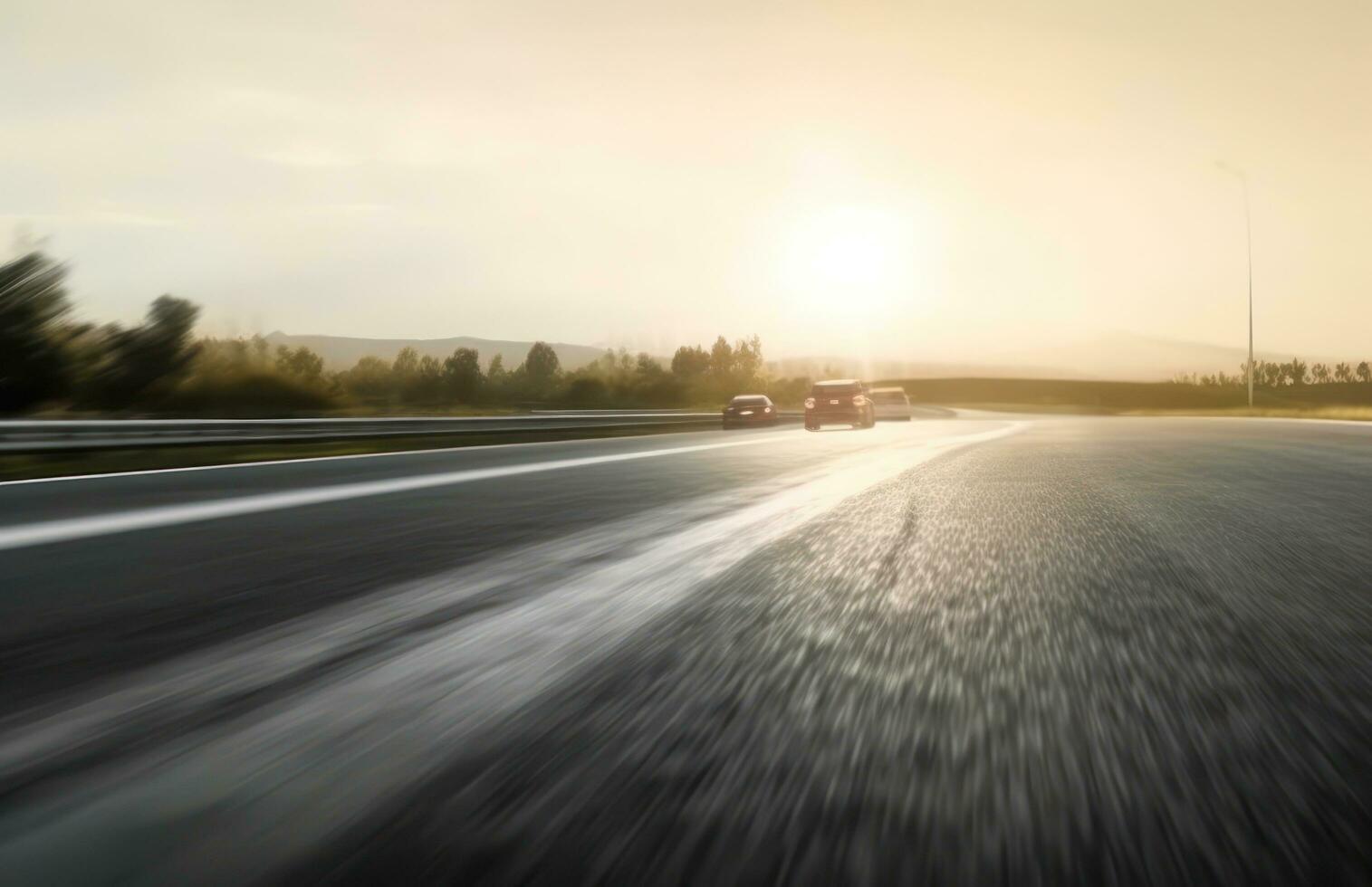 ai généré asphalte Autoroute avec magnifique vue de le coucher du soleil et des nuages photo