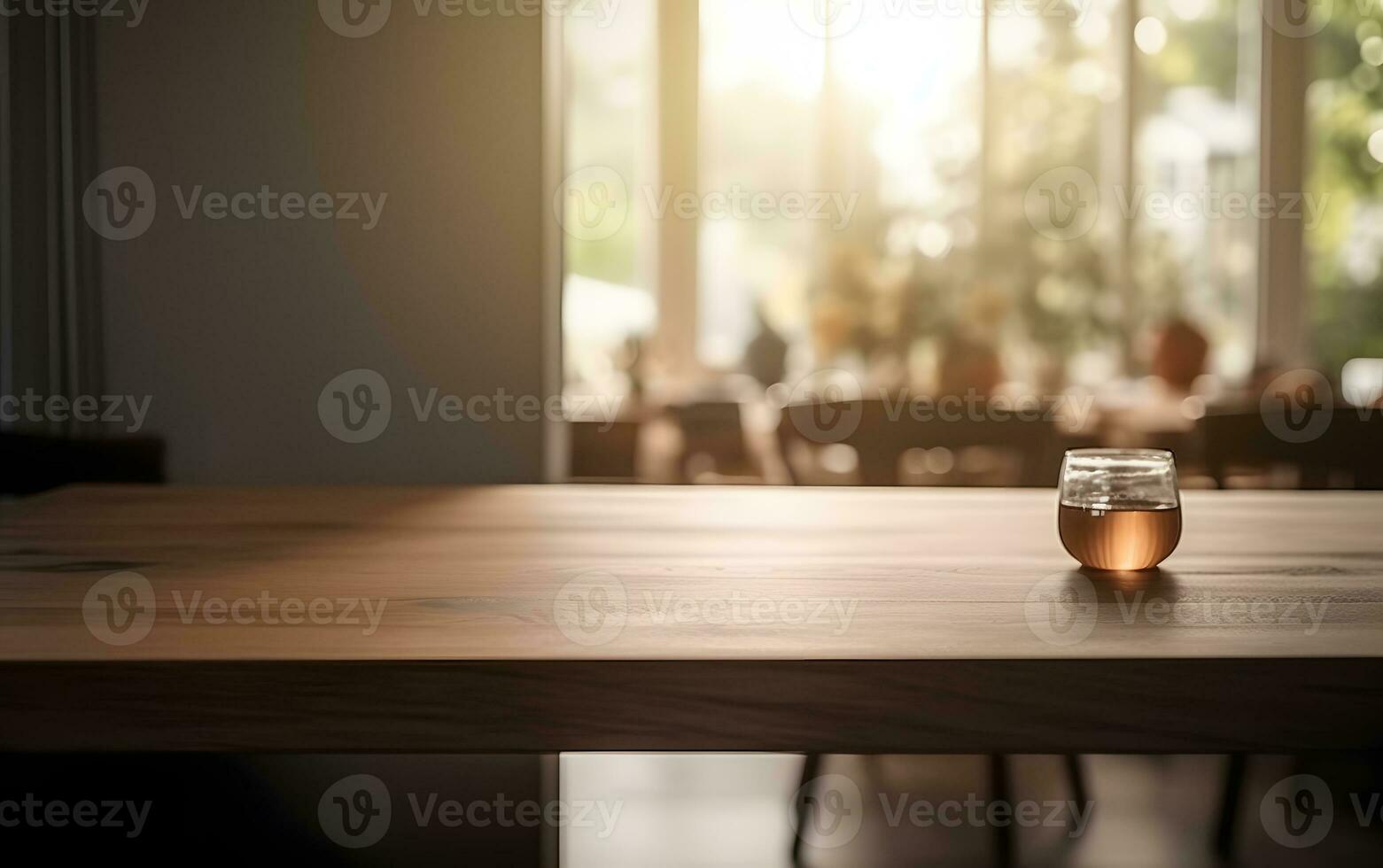 ai généré vide en bois table dans de face de flou et abstrait fenêtre Contexte photo