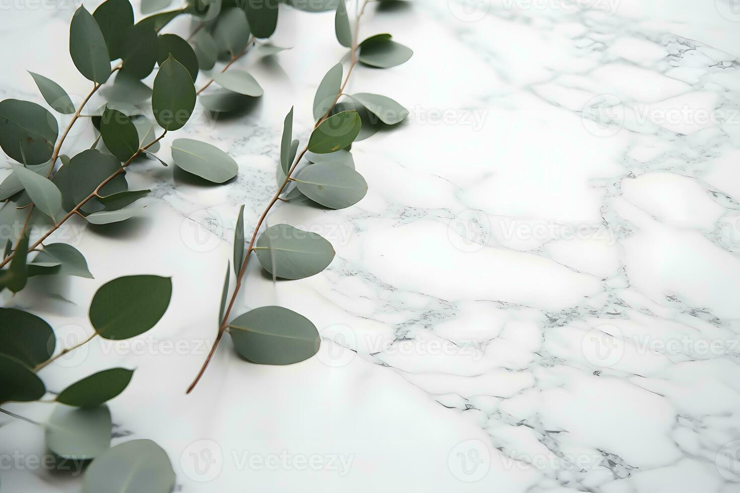 ai généré branches de eucalyptus feuilles sur une marbre Contexte photo