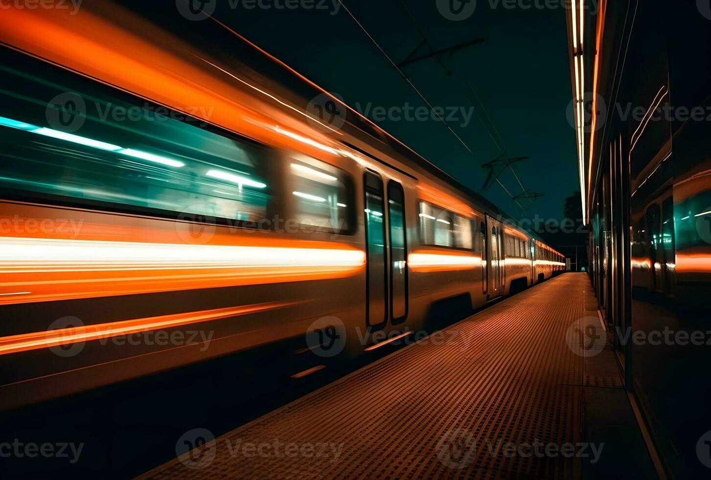 ai généré une magnifique longue exposition de une train qui passe par à le souterrain station photo