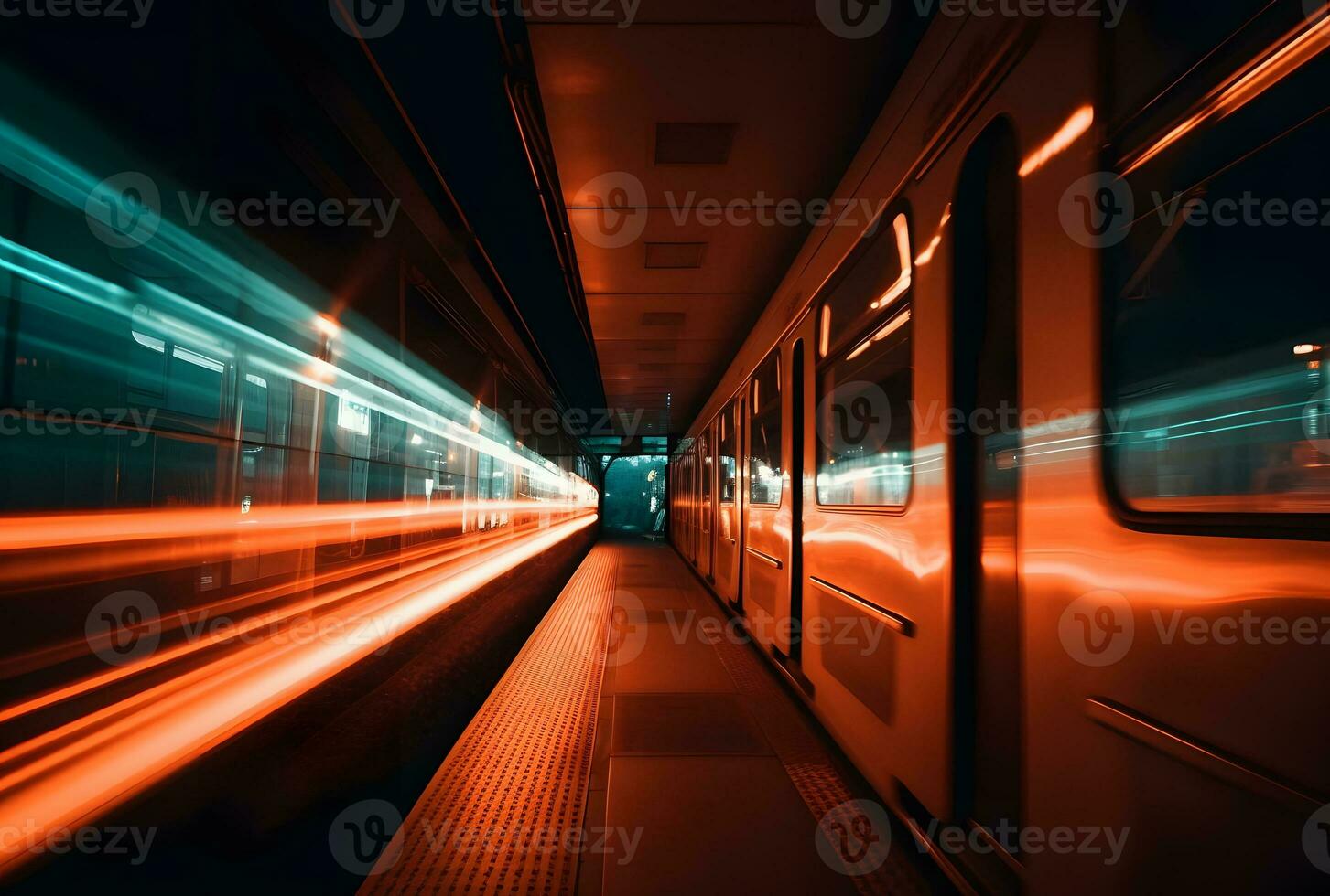 ai généré une magnifique longue exposition de une train qui passe par à le souterrain station photo