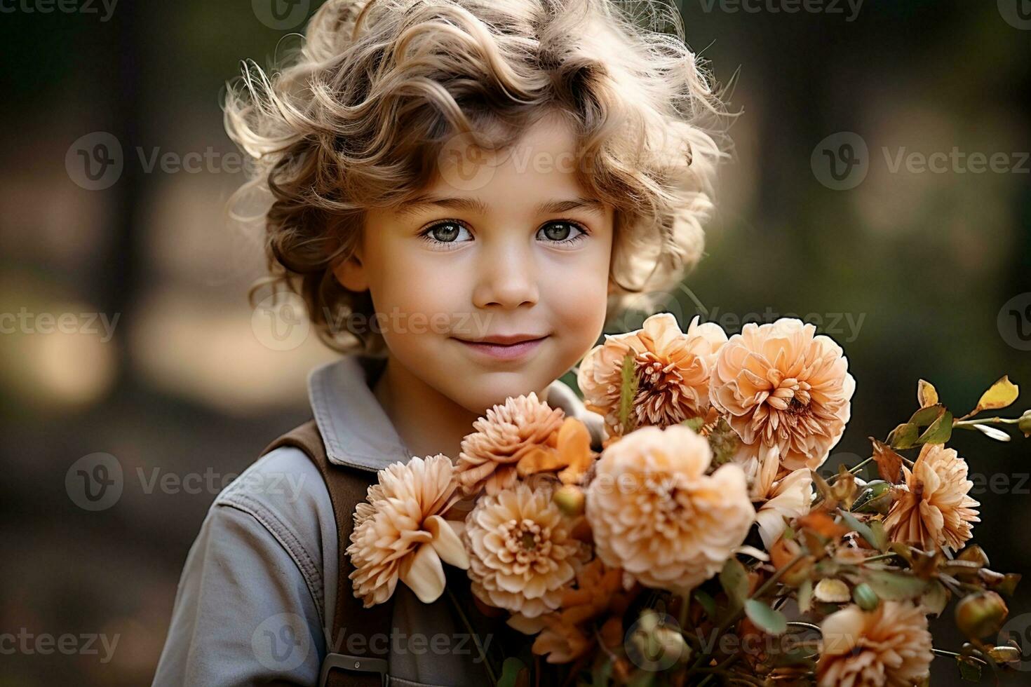 ai généré sélectif se concentrer, fermer petit aux cheveux bouclés garçon détient une bouquet de fleurs dans le sien mains photo