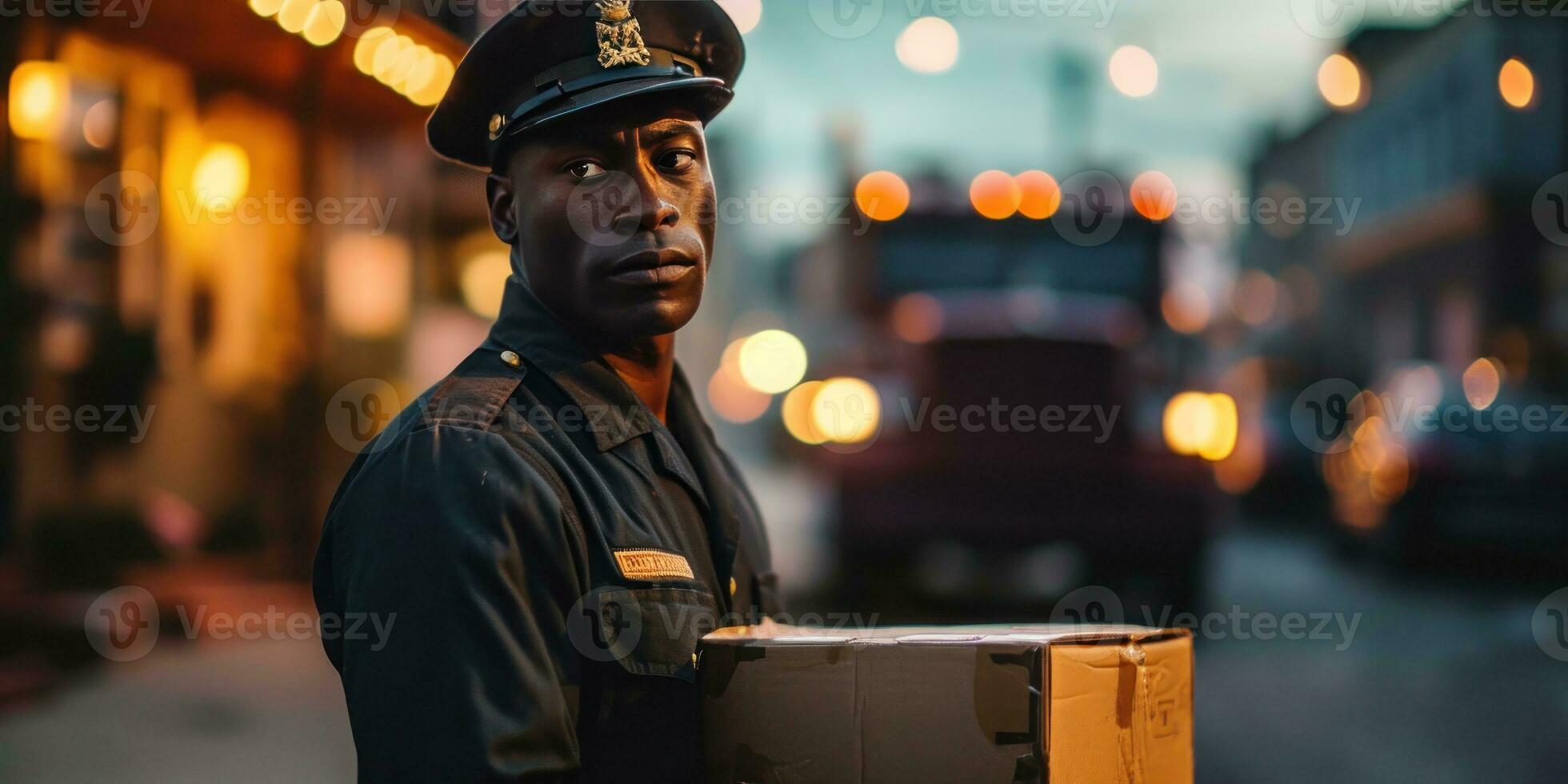 ai généré une homme dans uniforme en portant une boîte avec une un camion dans le arrière-plan, génératif ai photo