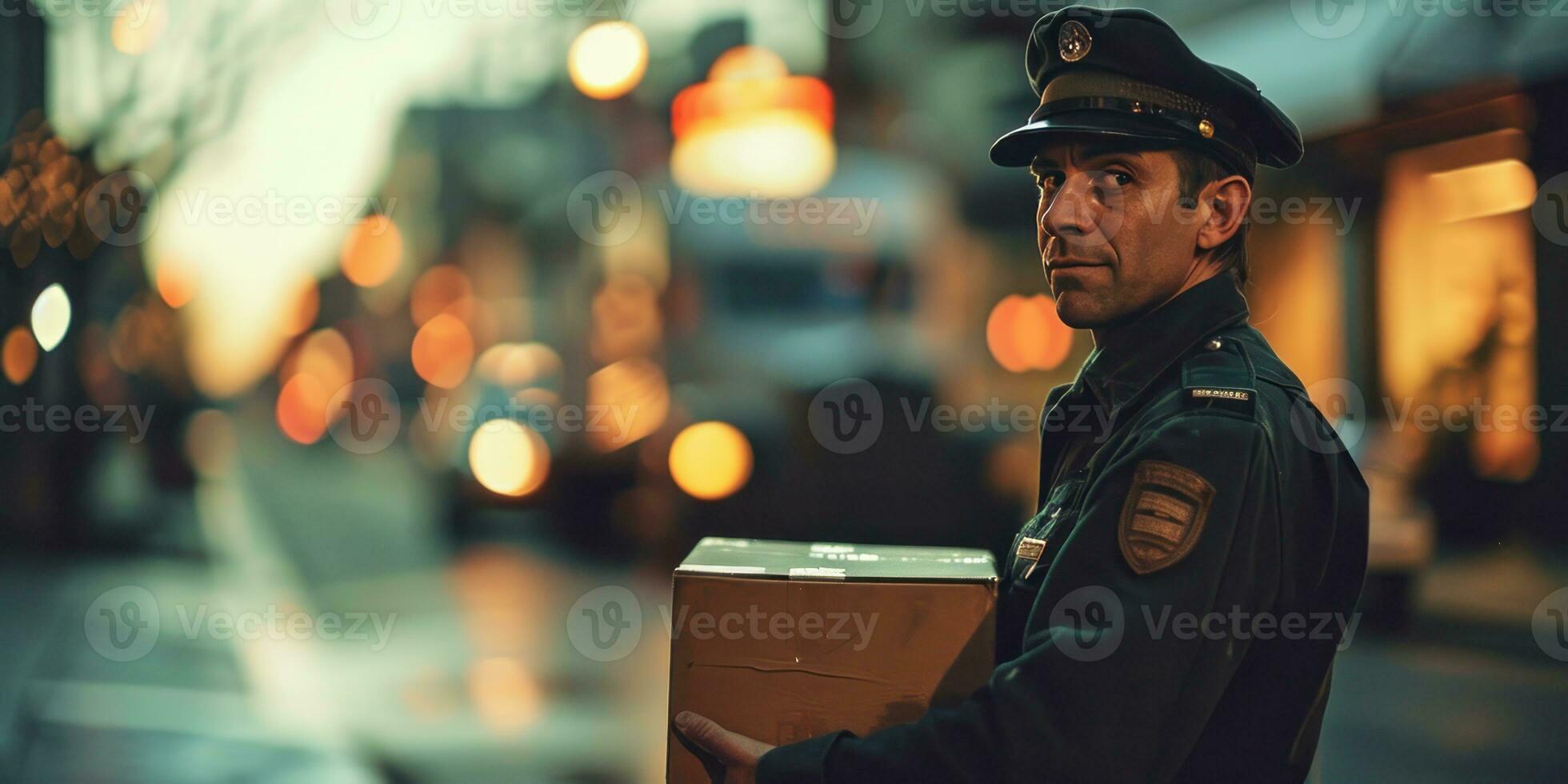 ai généré une homme dans uniforme en portant une boîte avec une un camion dans le arrière-plan, génératif ai photo