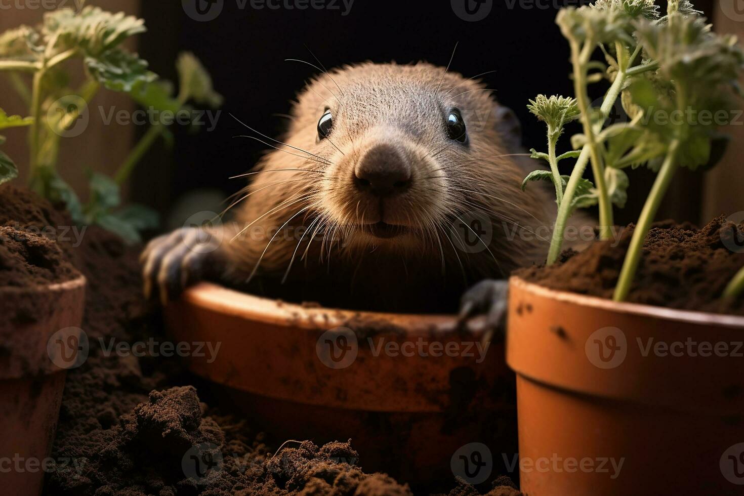 ai généré marmotte marmotte animal cache dans plante pot photo
