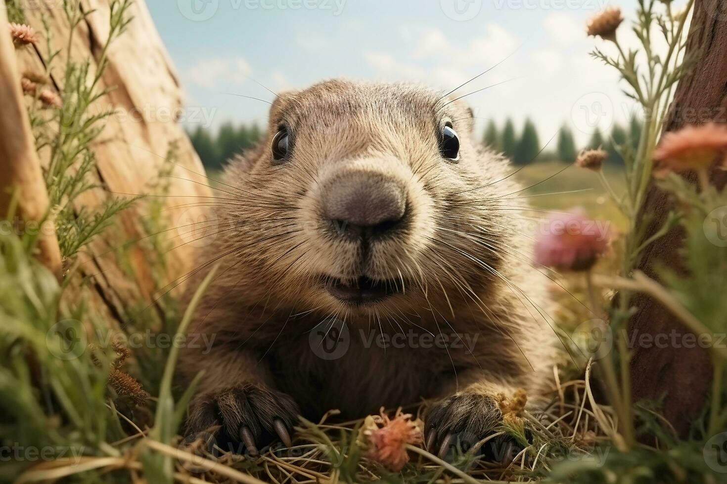 ai généré mignonne marmotte avec fleur plante dans le parc photo