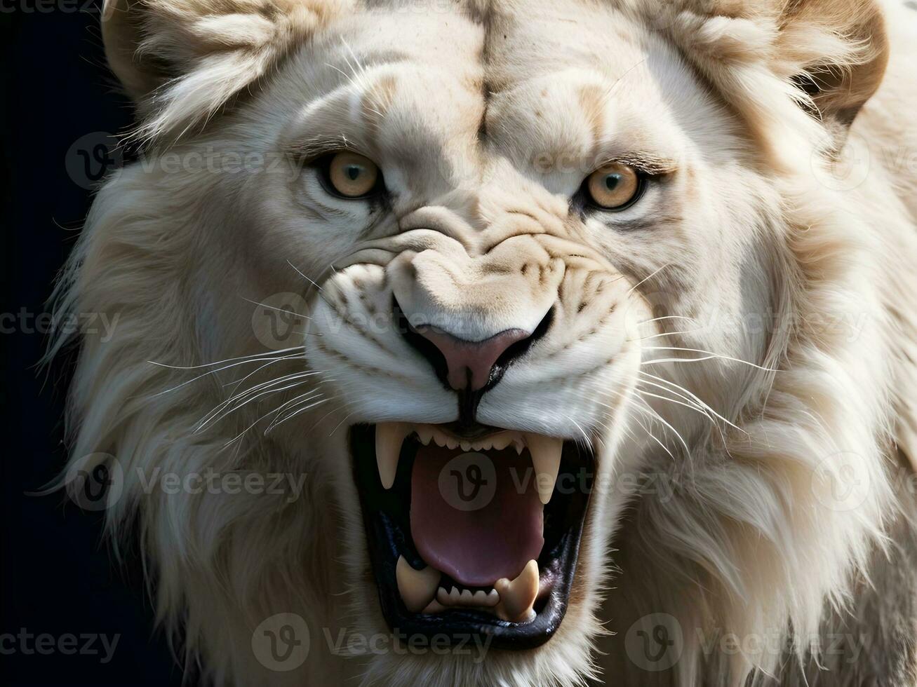 ai généré fermer détail de une féroce blanc Lion rugissement photo