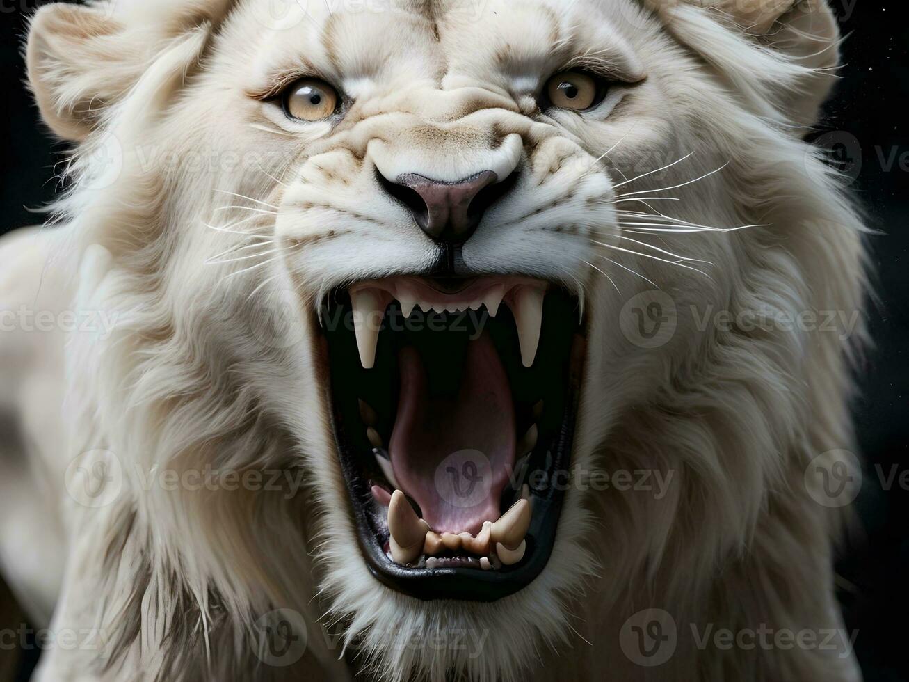 ai généré fermer détail de une féroce blanc Lion rugissement photo