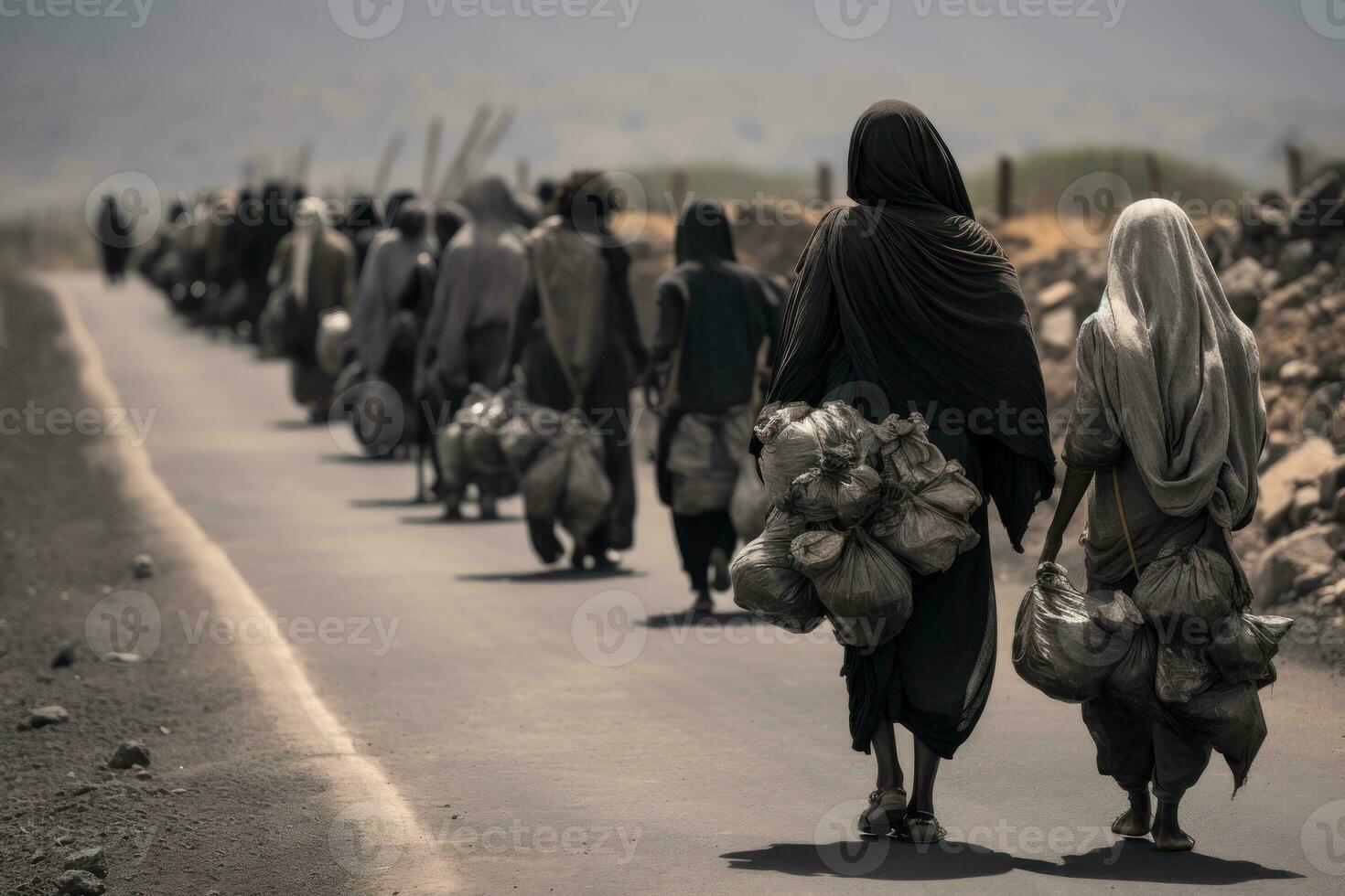 ai généré réfugiés en marchant sur route avec affaires photo