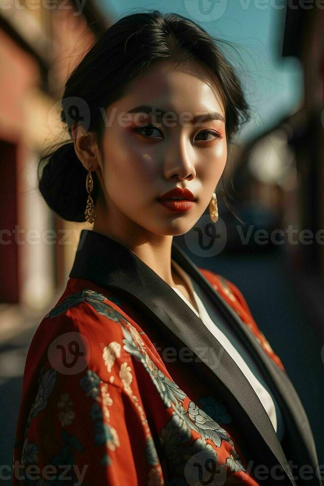 ai généré étourdissant magnifique Jeune asiatique femme avec haute contraste ombre et à la mode style. pro photo