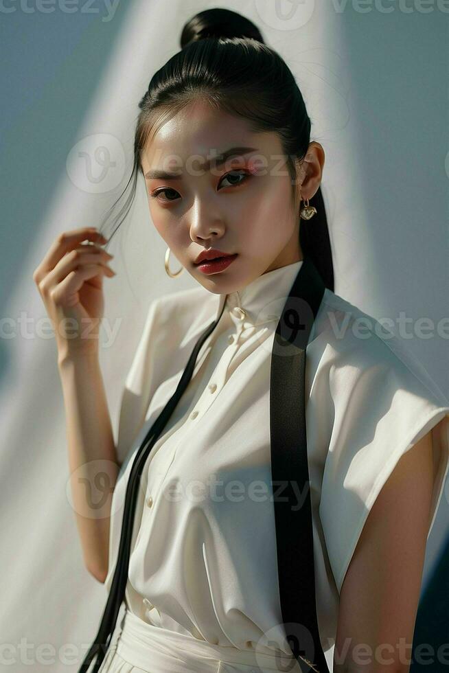 ai généré étourdissant magnifique Jeune asiatique femme avec haute contraste ombre et à la mode style. pro photo