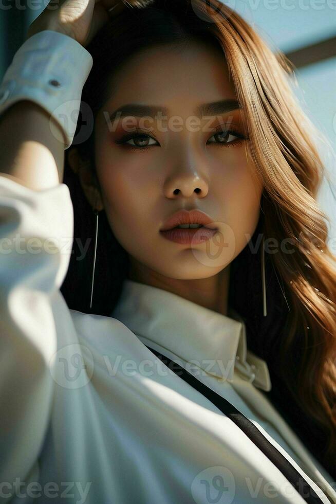 ai généré étourdissant magnifique Jeune asiatique femme avec haute contraste ombre et à la mode style. pro photo