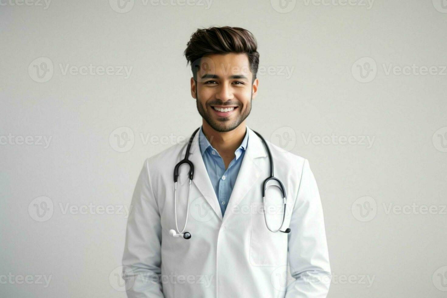 ai généré souriant Jeune Masculin médecin dans une blanc manteau, une stéthoscope à une hôpital. pro photo