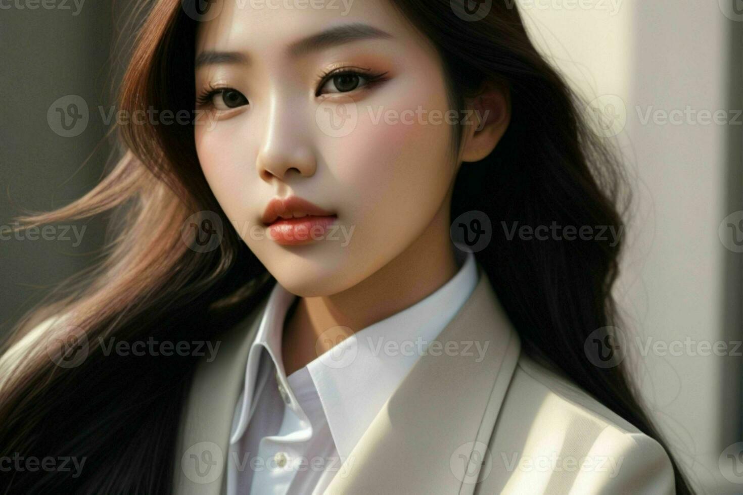 ai généré étourdissant magnifique Jeune asiatique femme avec haute contraste ombre et à la mode style. pro photo