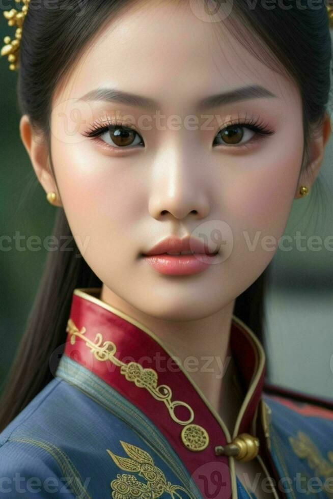 ai généré étourdissant magnifique Jeune asiatique femme avec haute contraste ombre et à la mode style. pro photo