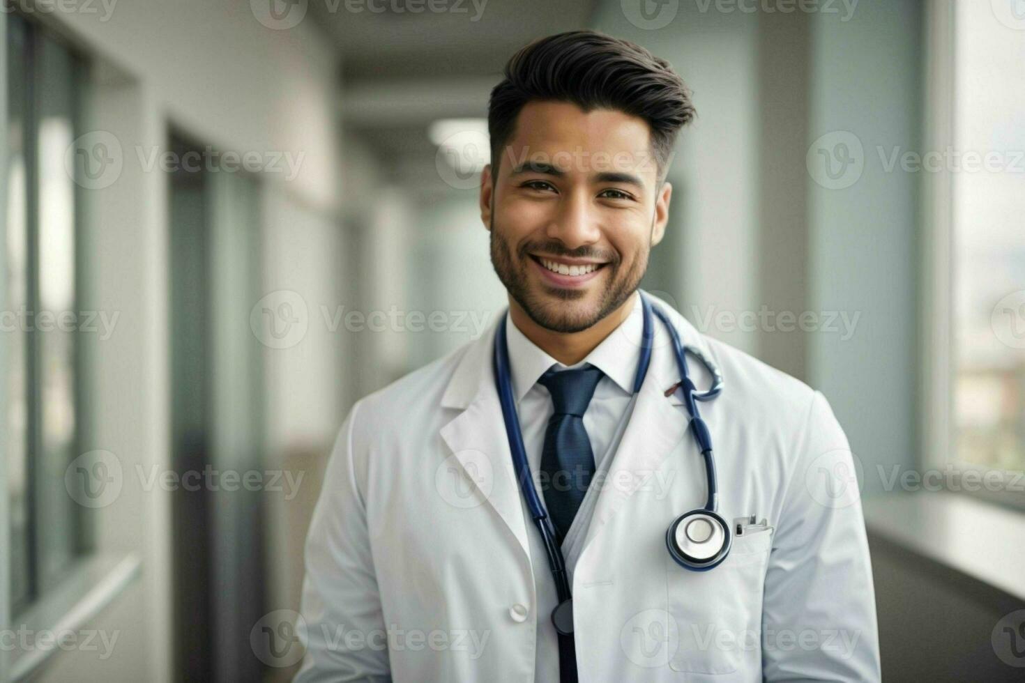 ai généré souriant Jeune Masculin médecin dans une blanc manteau, une stéthoscope à une hôpital. pro photo