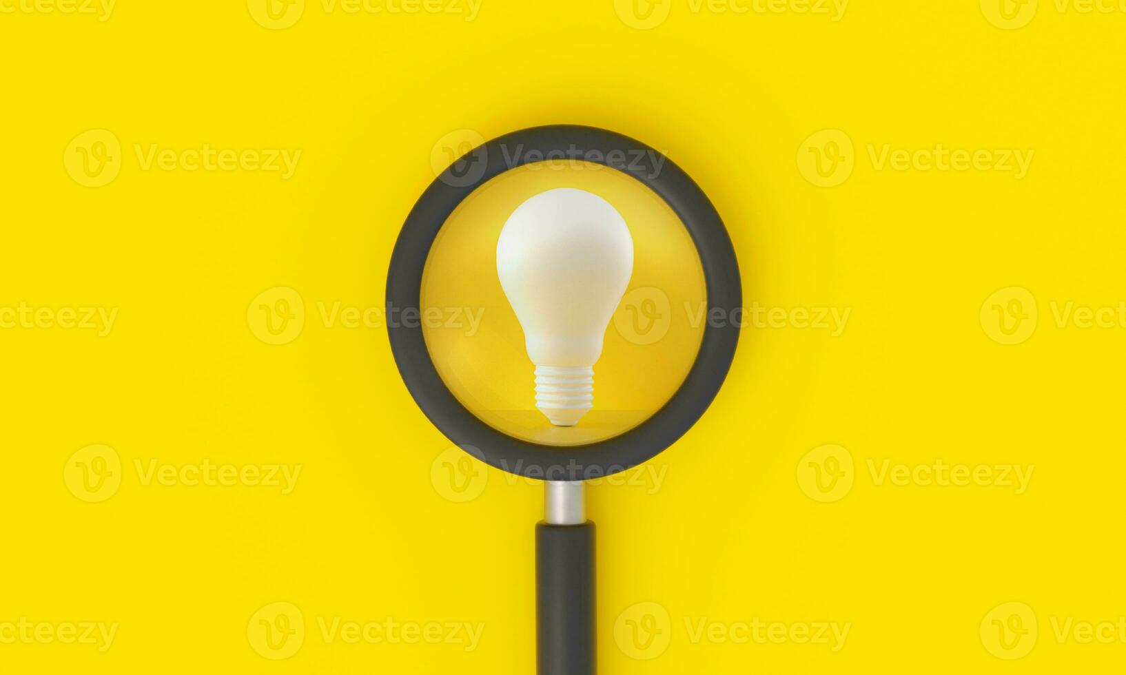 grossissant verre à la recherche à lumière ampoule sur Jaune Contexte. photo