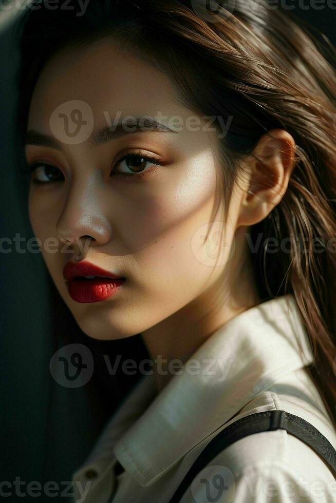 ai généré étourdissant magnifique Jeune asiatique femme avec haute contraste ombre et à la mode style. pro photo