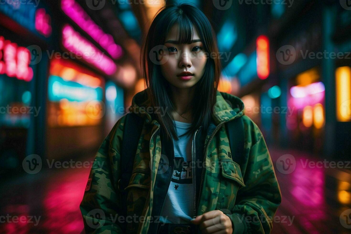 ai généré rue mode asiatique Jeune fille, néon lumière, vie nocturne et branché mode de vie photo