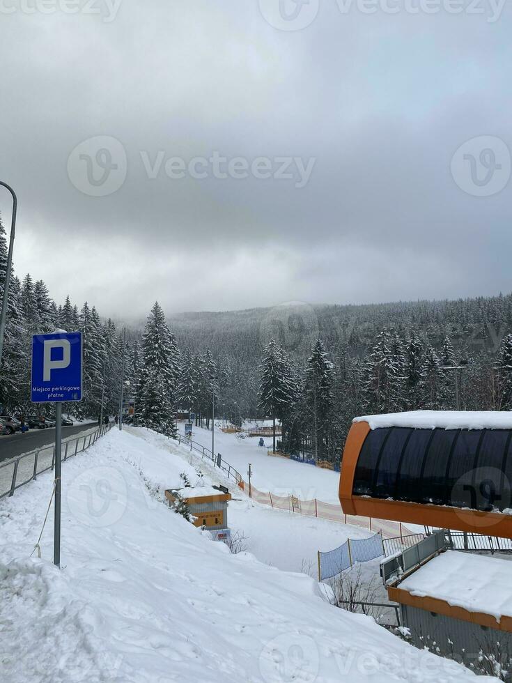 hiver paysage avec neigeux montagnes et des arbres incroyable hiver Contexte photo