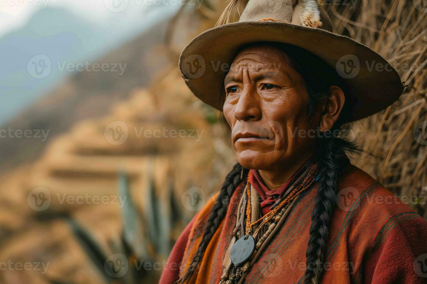 ai généré personnes âgées péruvien villageois dans nationale vêtements photo