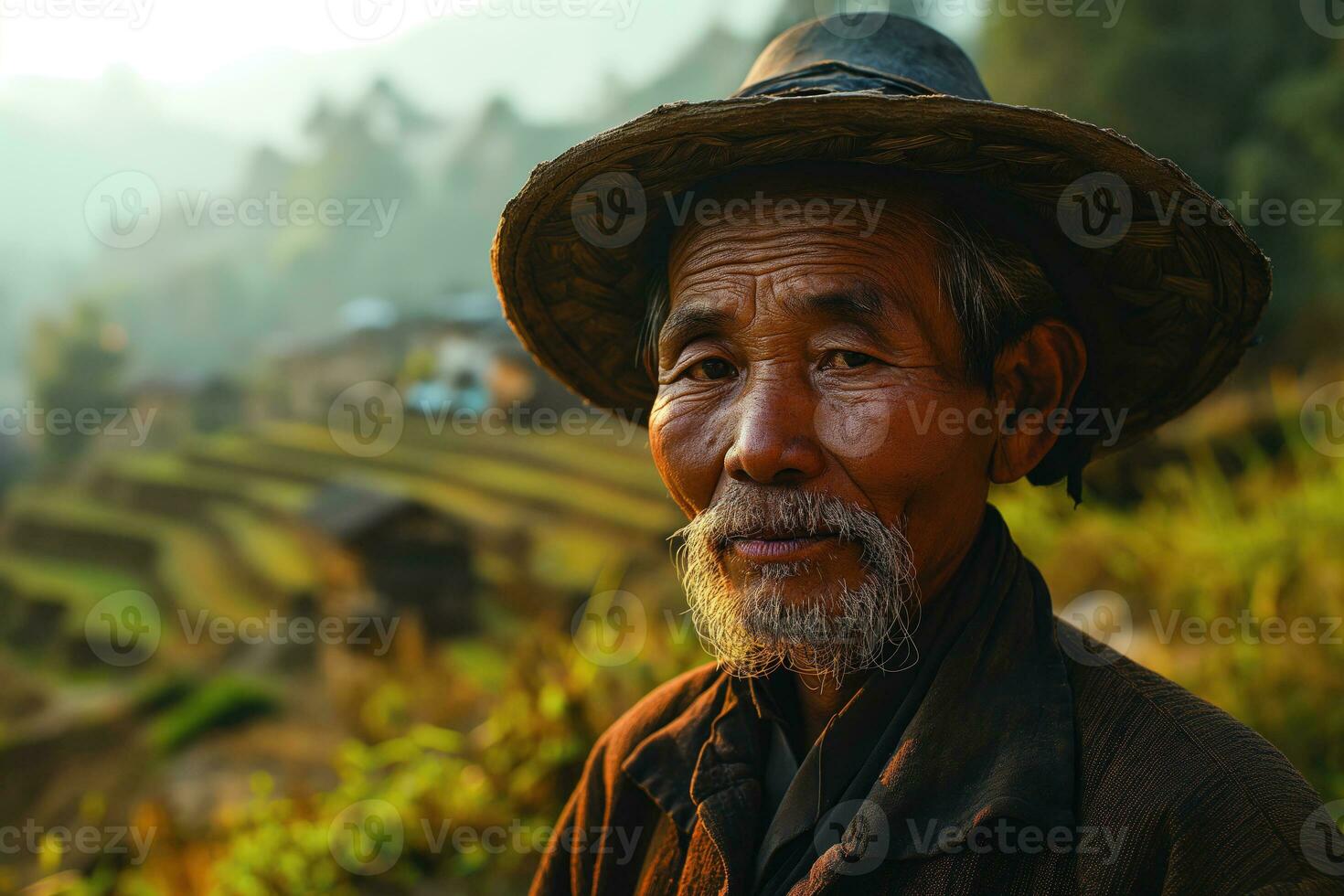 ai généré asiatique rural homme dans populaire vêtements contre le Contexte de une vallée avec agricole terrasses photo