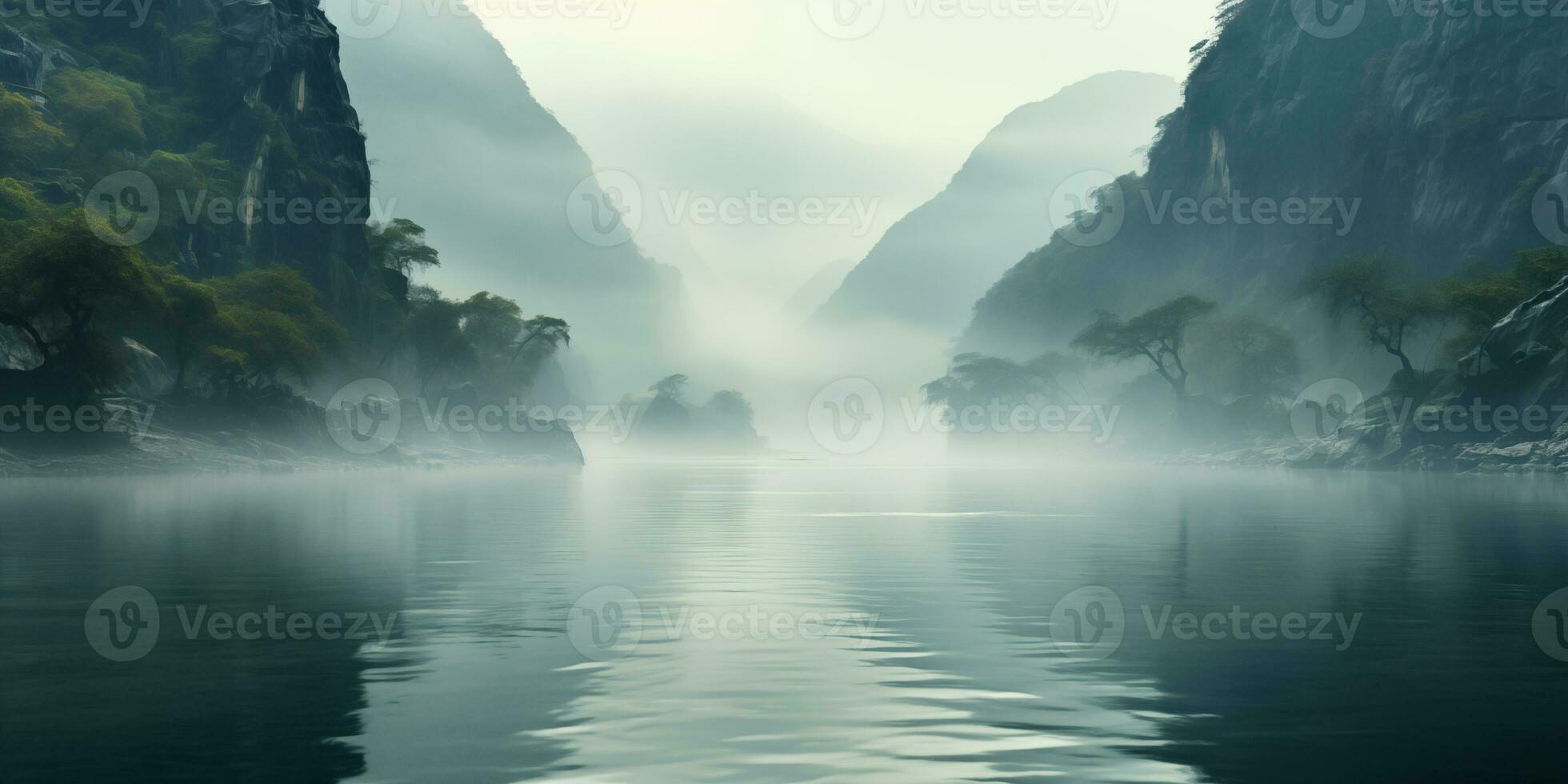 ai généré tropical côte avec rocheux falaises dans Matin brouillard photo