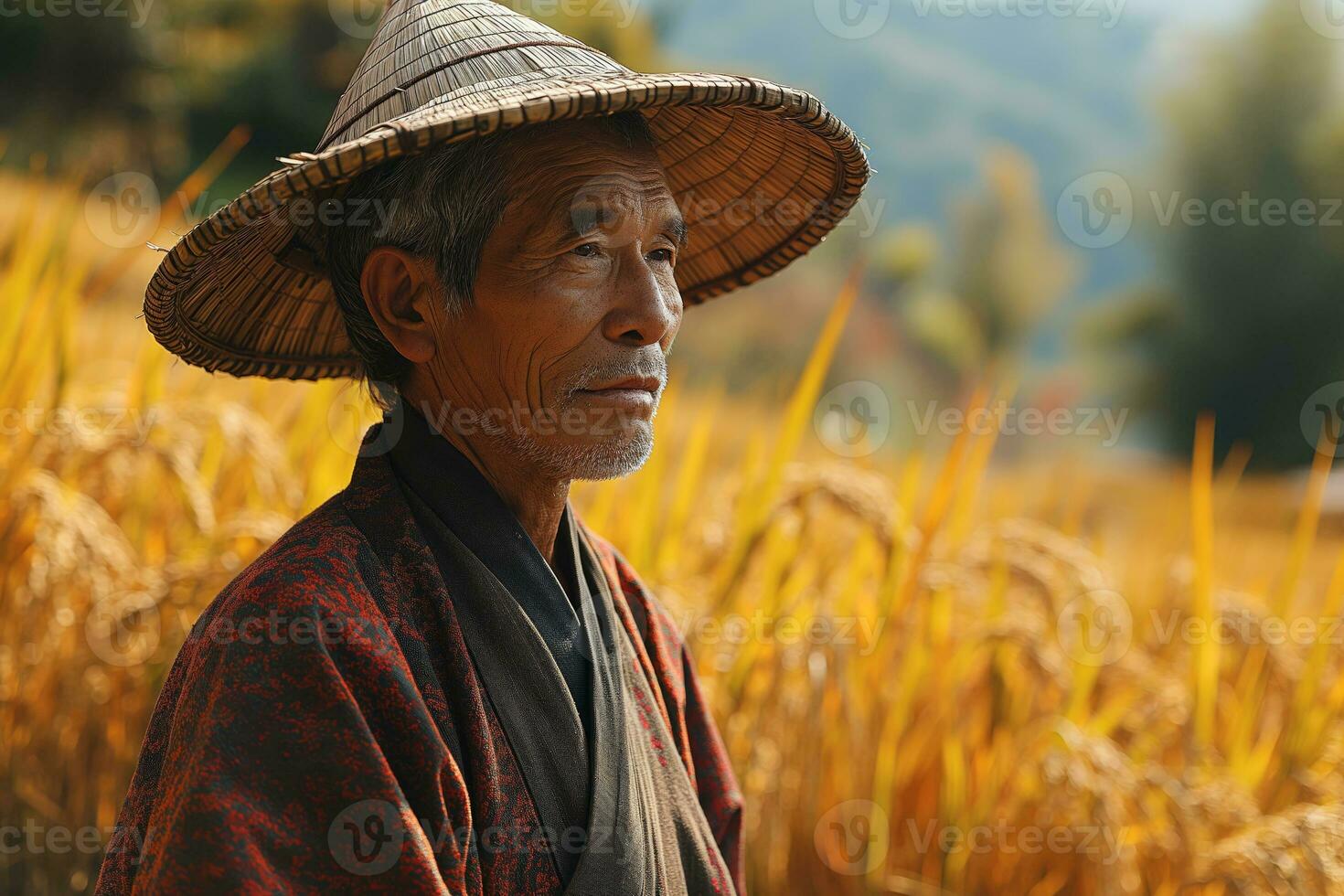 ai généré asiatique rural homme dans populaire vêtements contre le Contexte de une champ photo