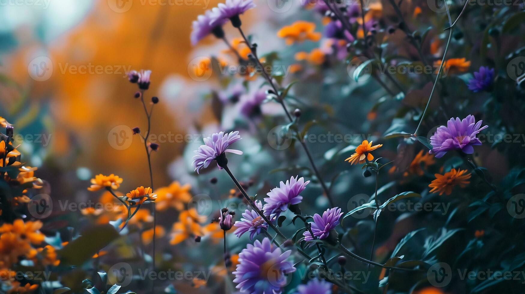 ai généré une floue photo de violet et Orange fleurs