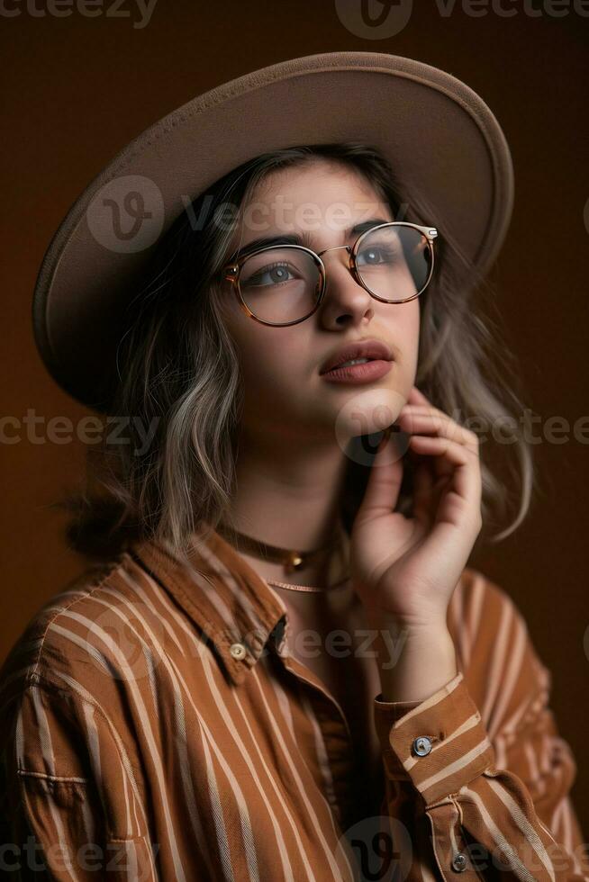 ai généré une femme portant des lunettes et une chapeau pose pour une image photo