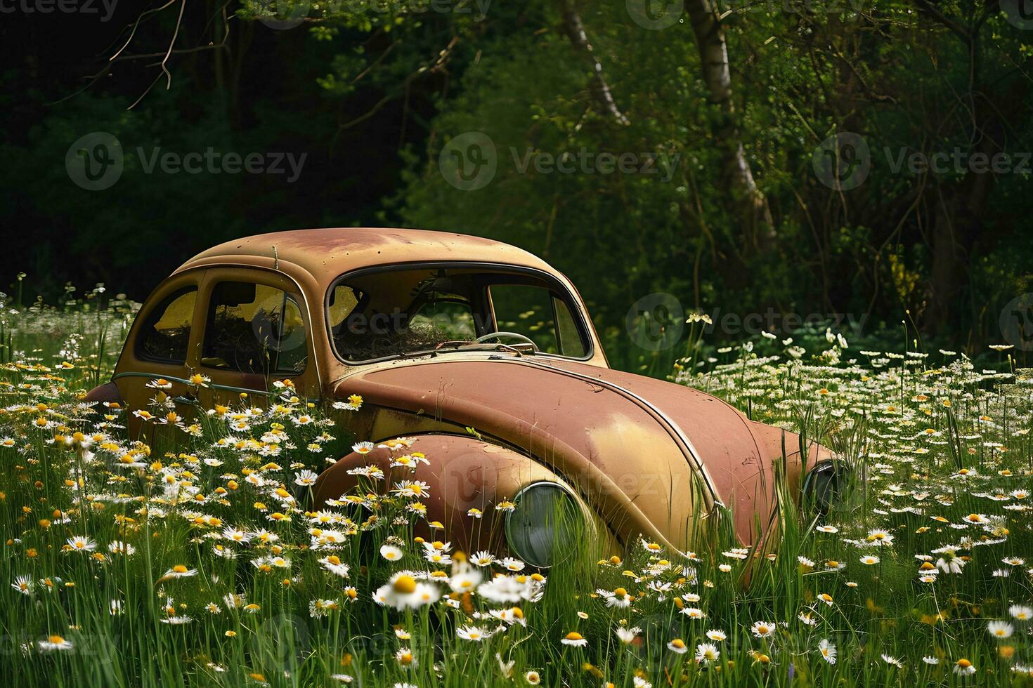 ai généré une rouillé en dehors vieux voiture séance dans une champ de fleurs photo