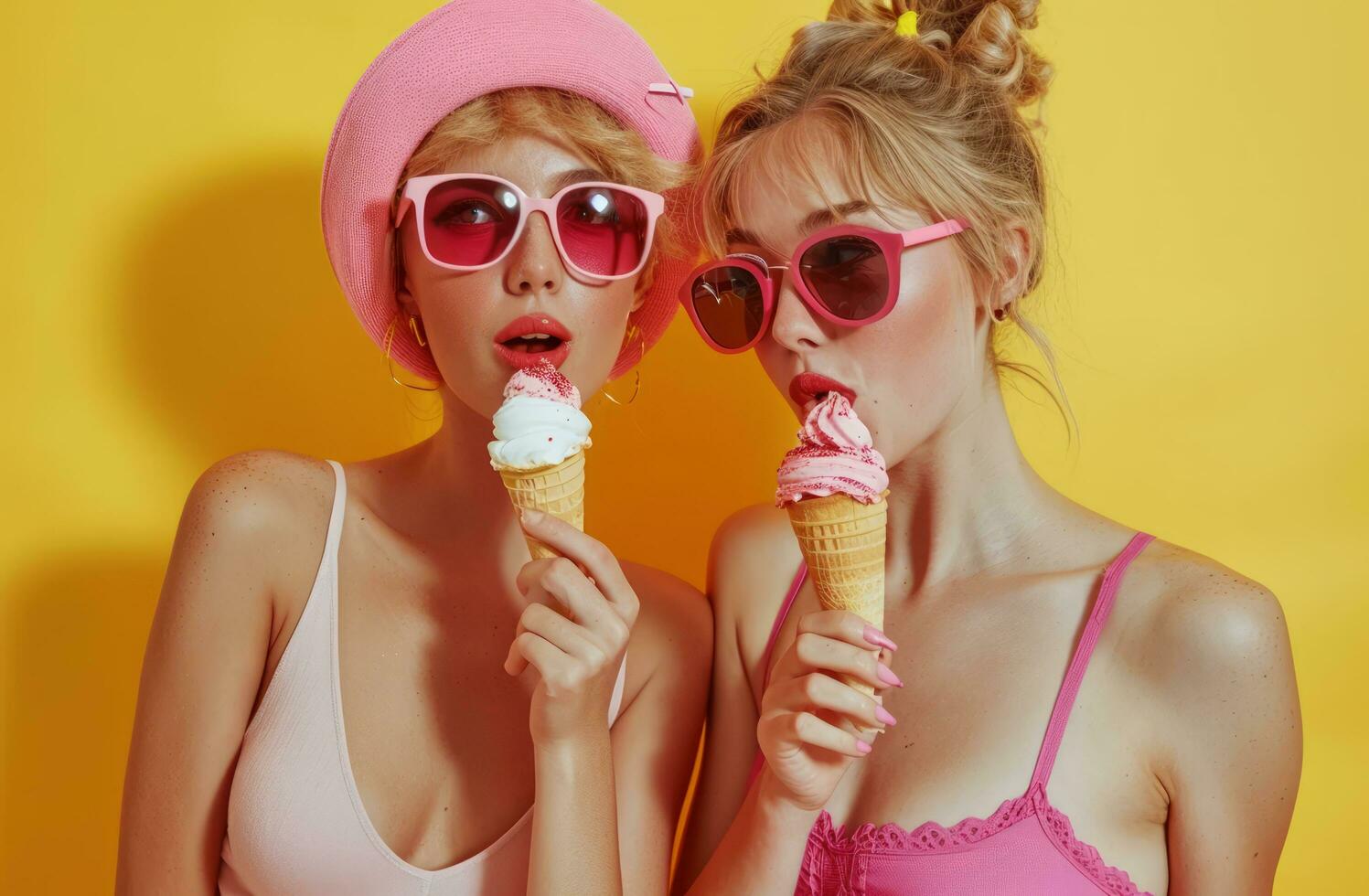 ai généré Dames en mangeant la glace crème et en mangeant des lunettes de soleil sur Jaune Contexte photo