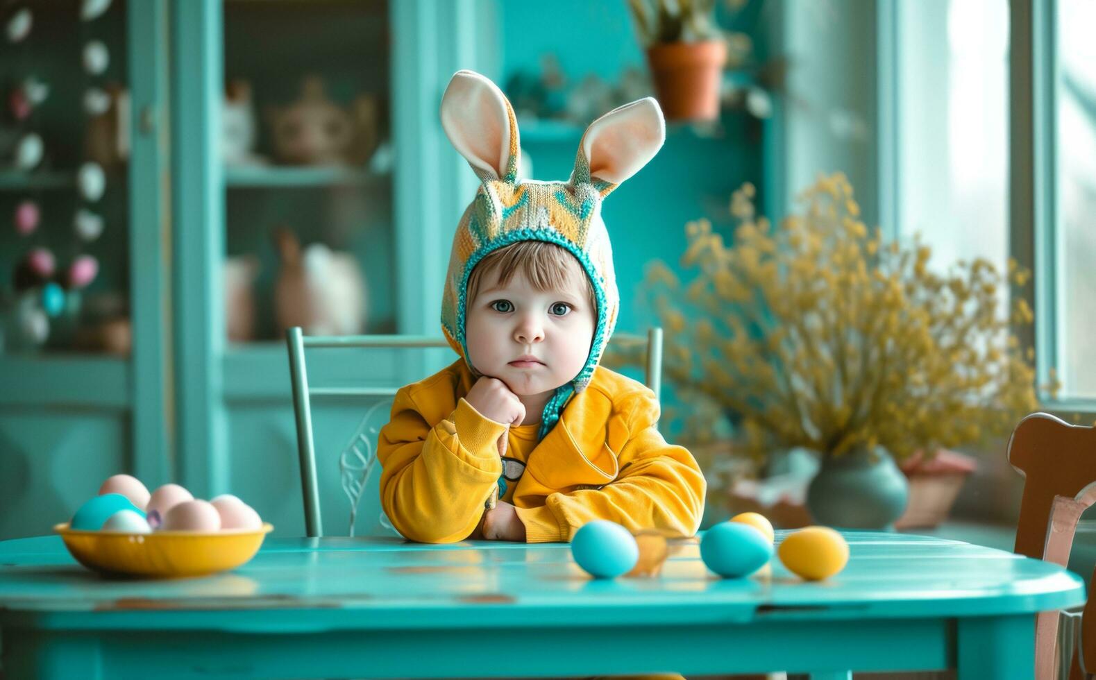 ai généré enfant avec oreilles porte lapin chapeau à une table avec Pâques des œufs photo