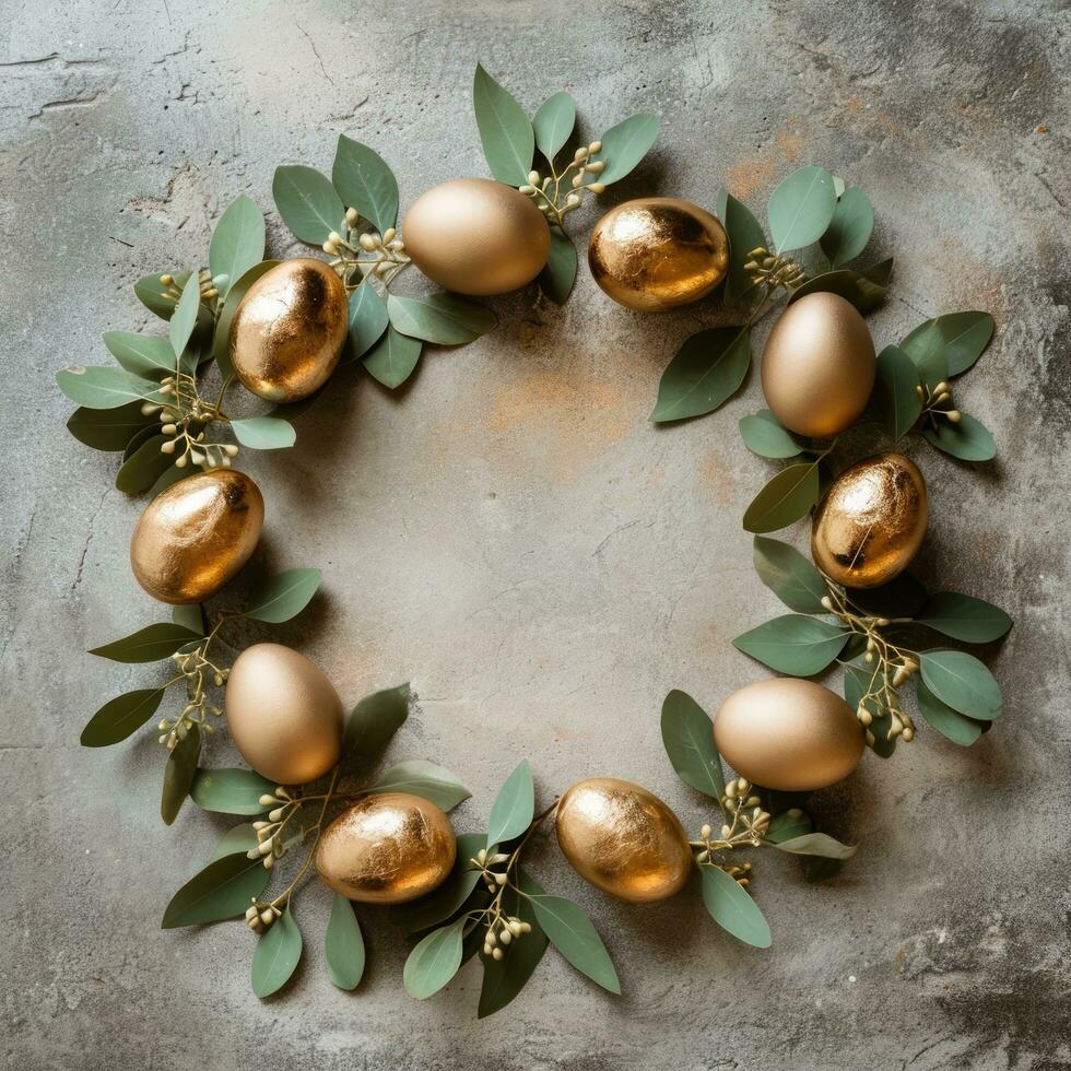 ai généré Pâques dans cercle avec or des œufs et feuilles photo