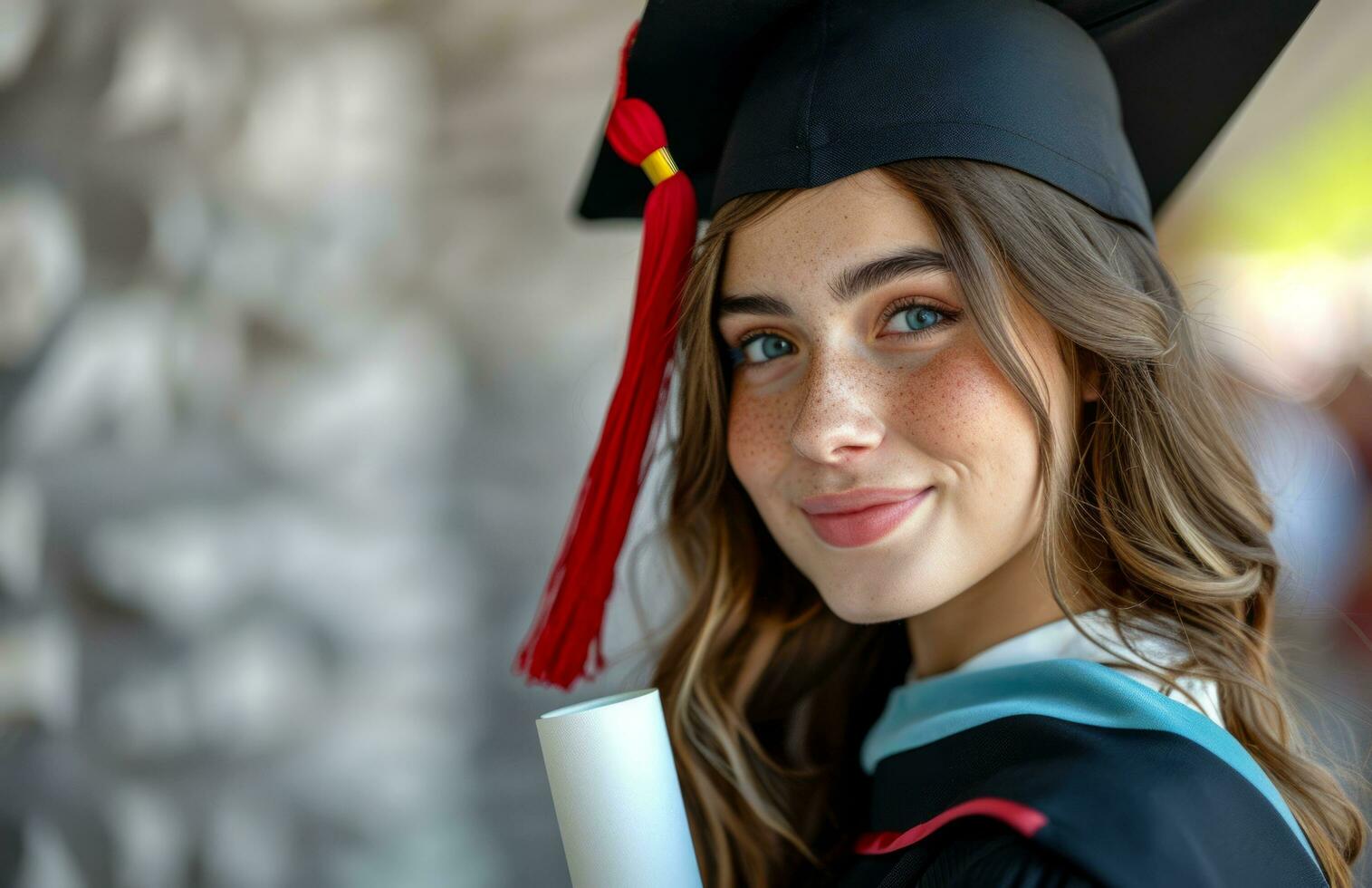 ai généré femelle diplômé montrant sa diplôme à le caméra photo