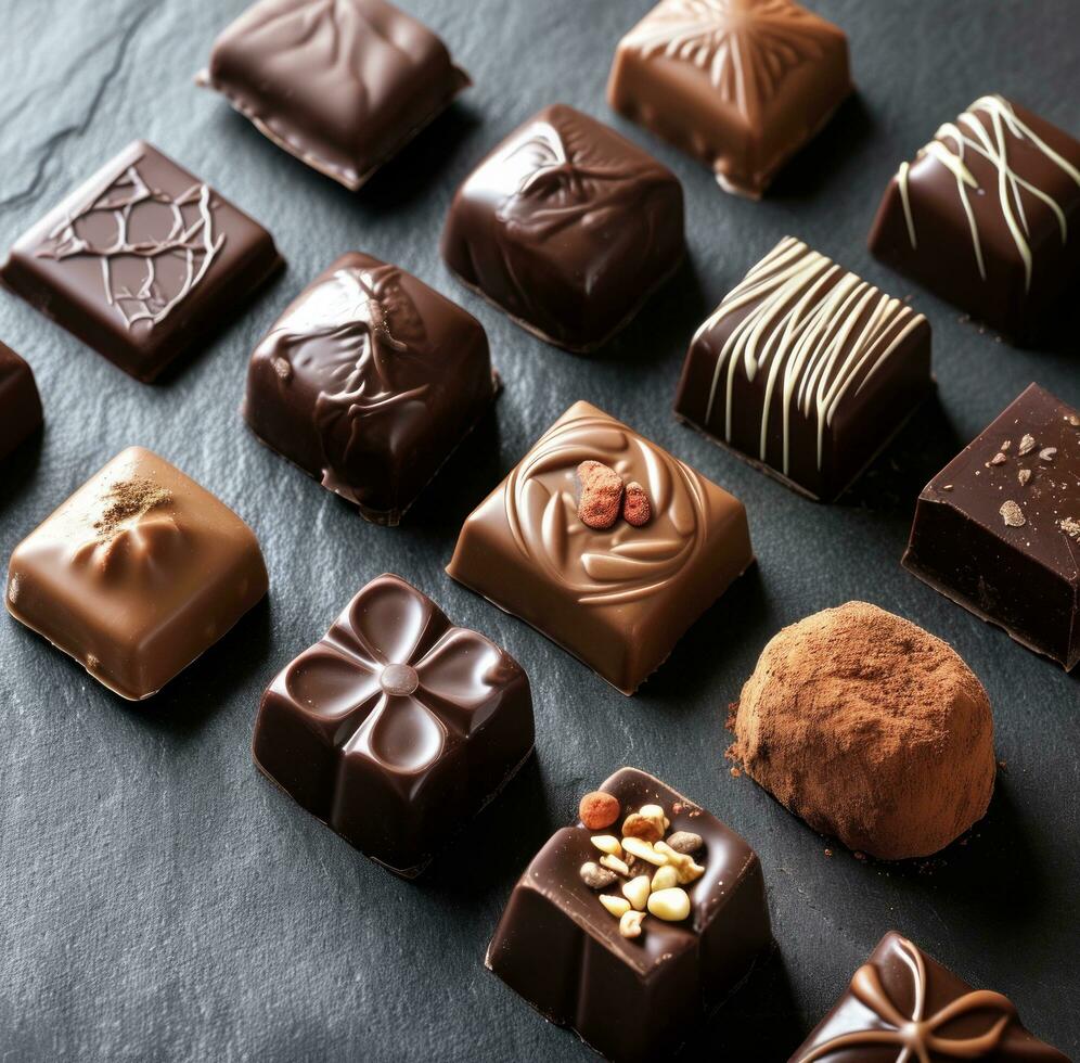 ai généré certains des chocolats sur une plat noir surface réaliste réaliste précision photo