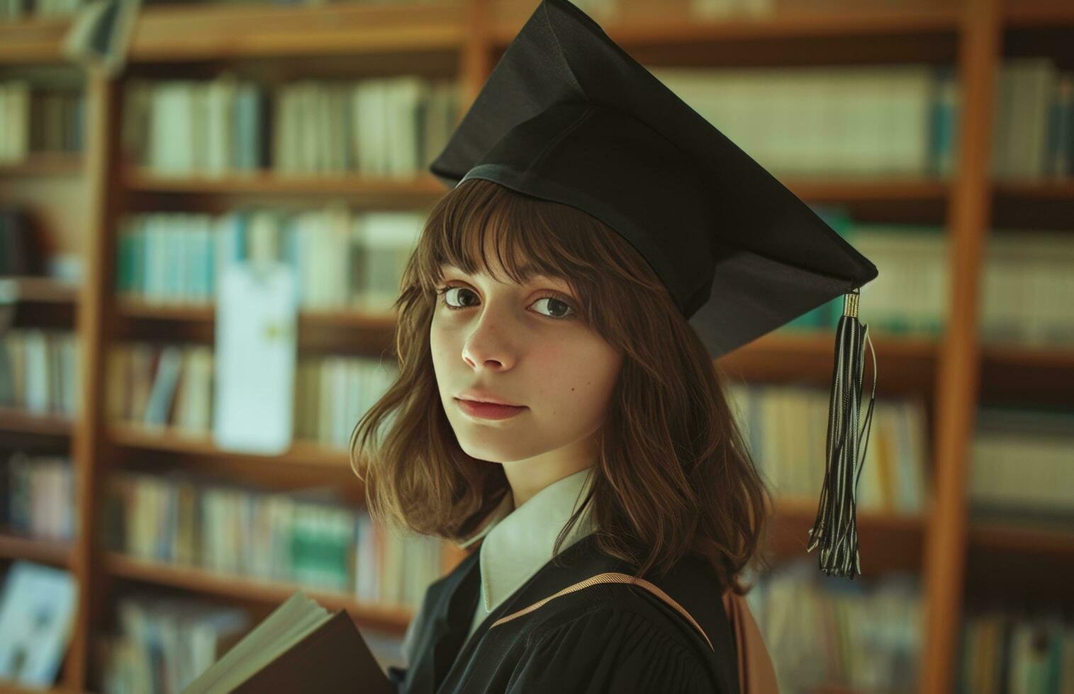 ai généré Jeune femelle étudiant portant noir casquette et robe en portant diplôme photo