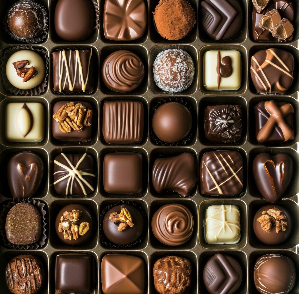 ai généré une boîte avec des chocolats arrangé dans une Célibataire ligne, hallucinant motifs photo