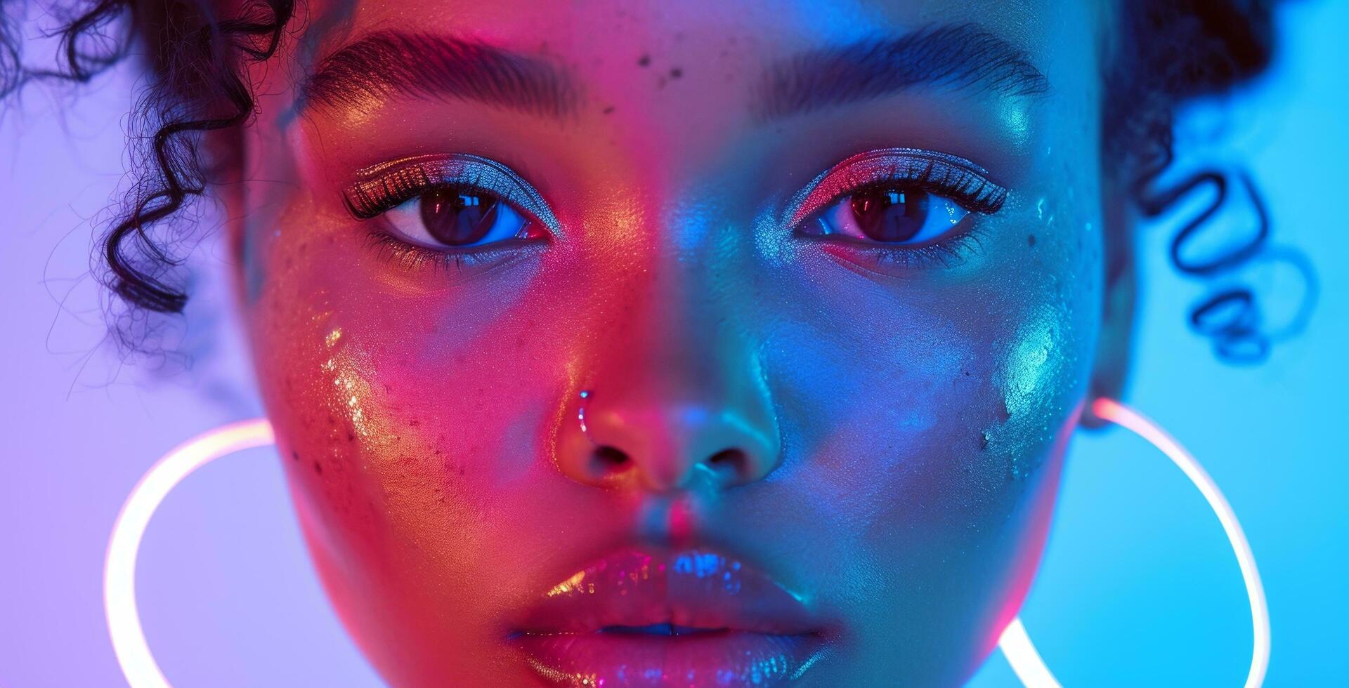 ai généré une femme visage avec certains coloré néon lumières et blanc grand cerceau des boucles d'oreilles photo