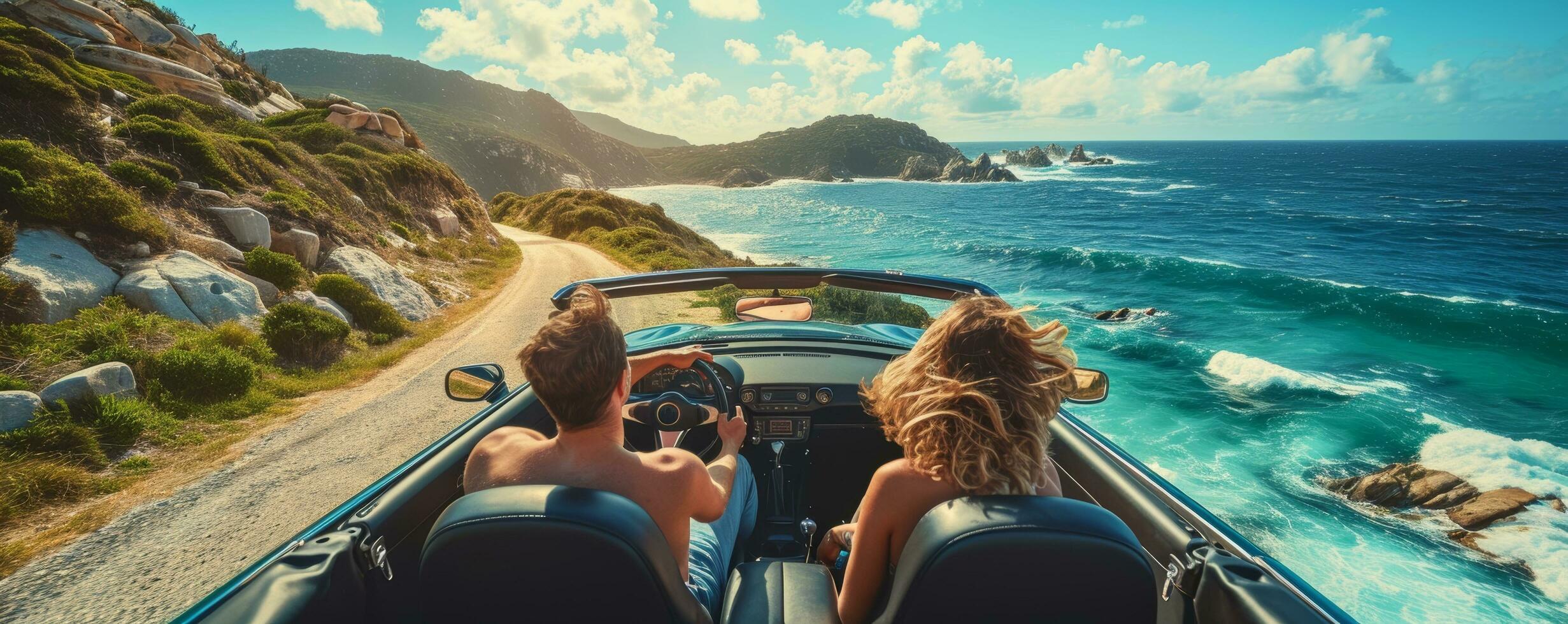 ai généré couple est dans une convertible voiture conduite à le océan photo