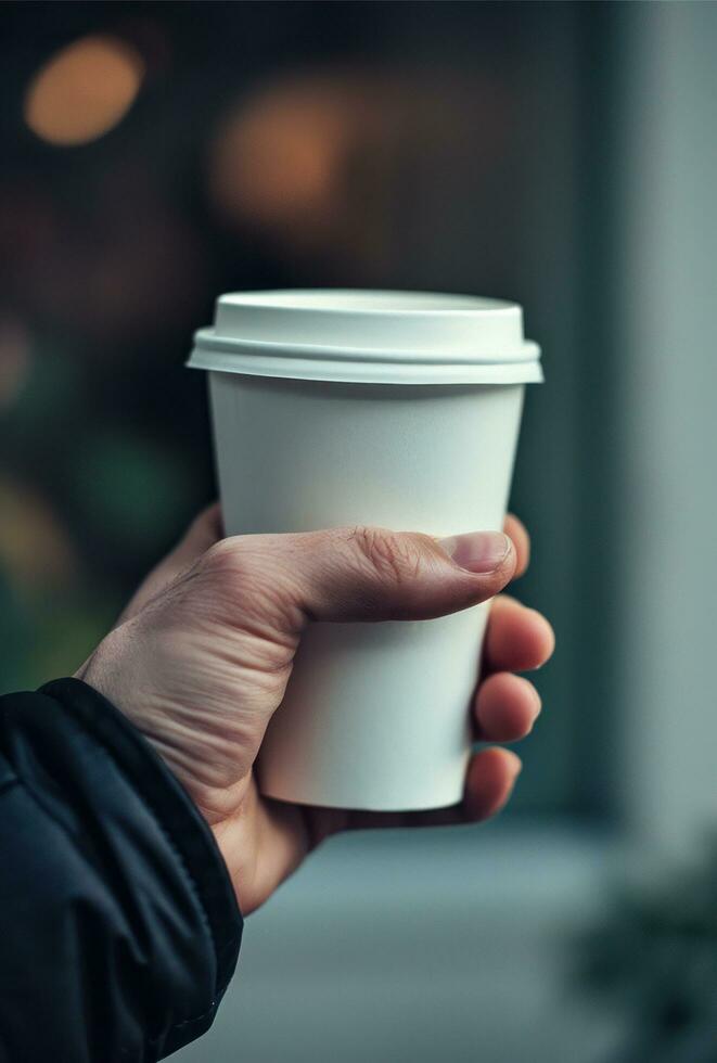 ai généré une main en portant une blanc papier tasse, photo