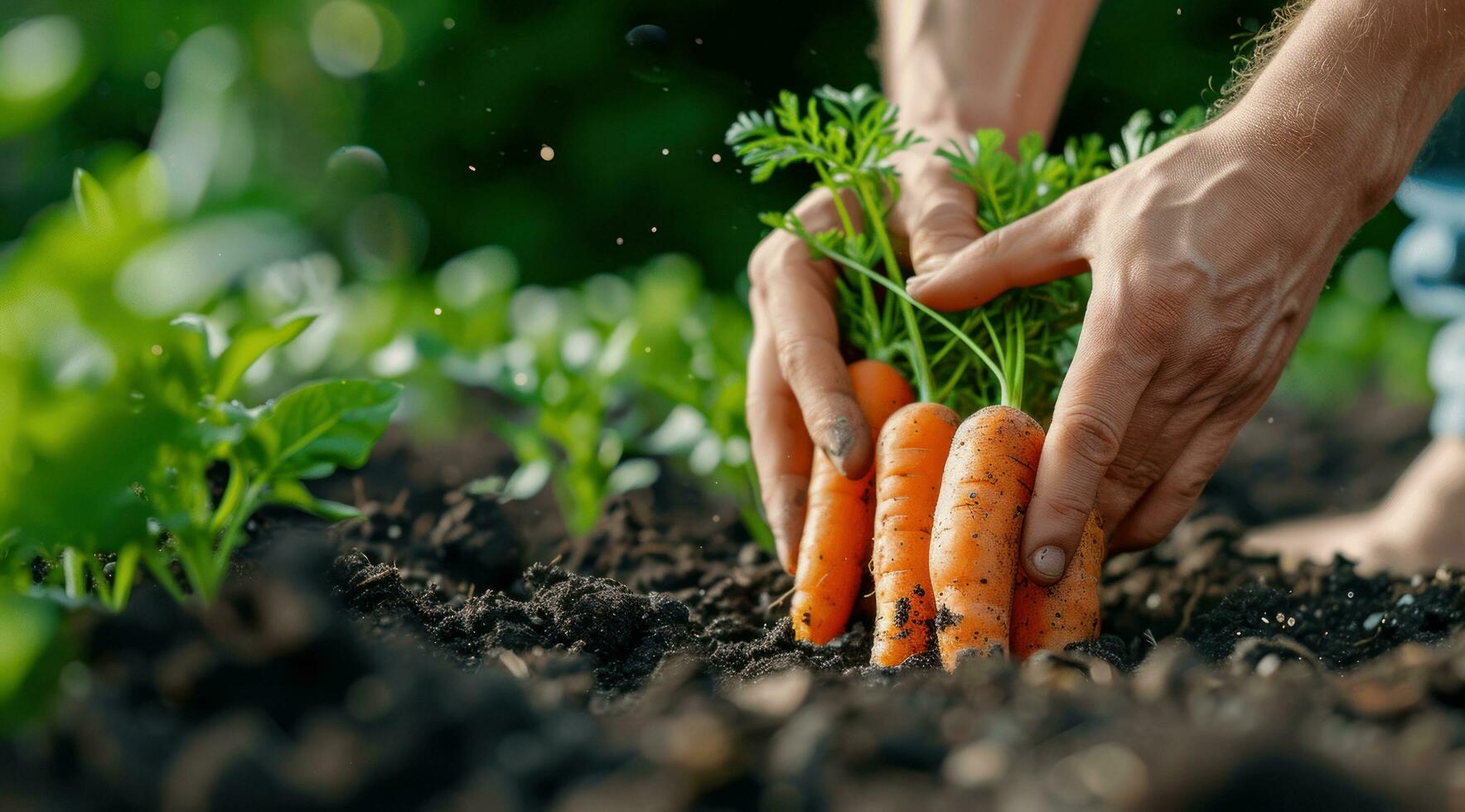 ai généré une homme cueillette en haut carottes dans le saleté photo