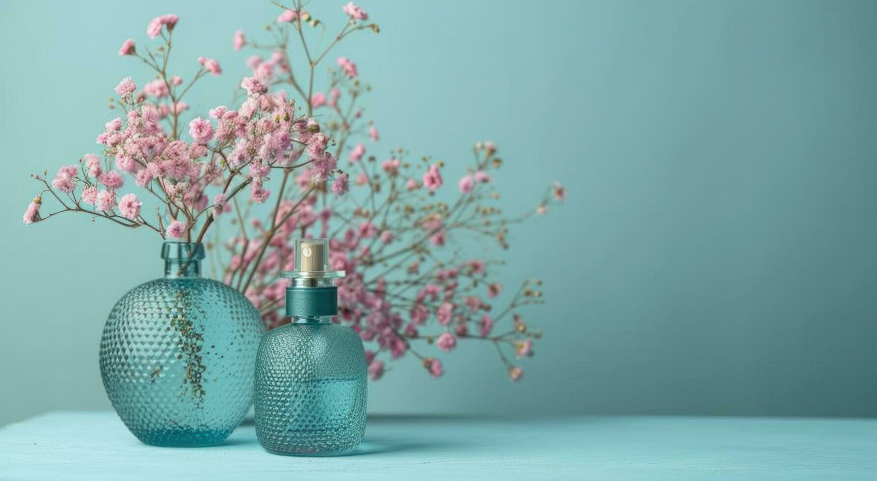 ai généré parfum bouteille et fleurs sur bleu Contexte photo